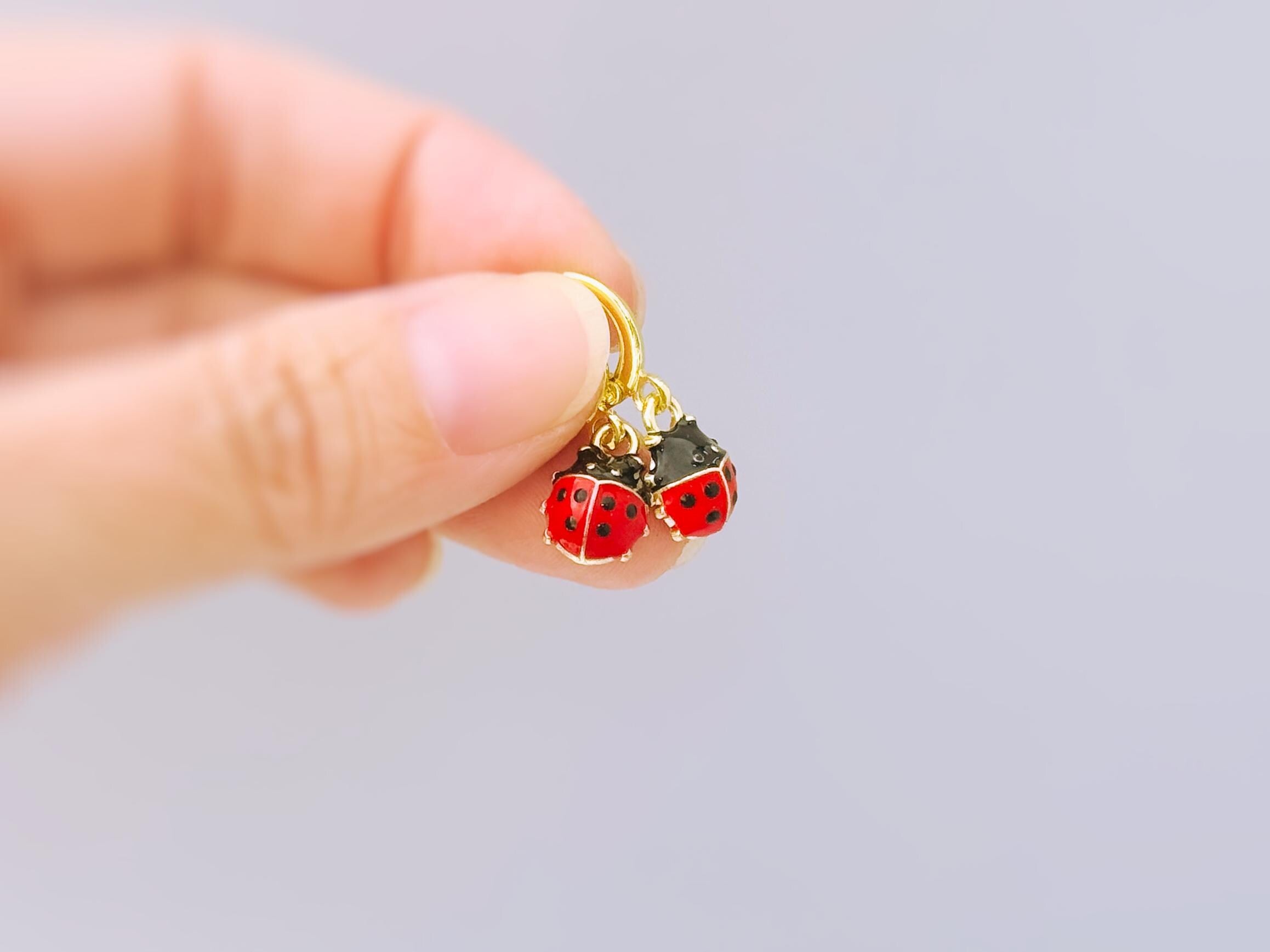 Dainty Ladybug Earrings dangle Gold, Silver huggie hoops handmade cottagecore minimalist nature inspired bug jewelry gift for gardeners, bff