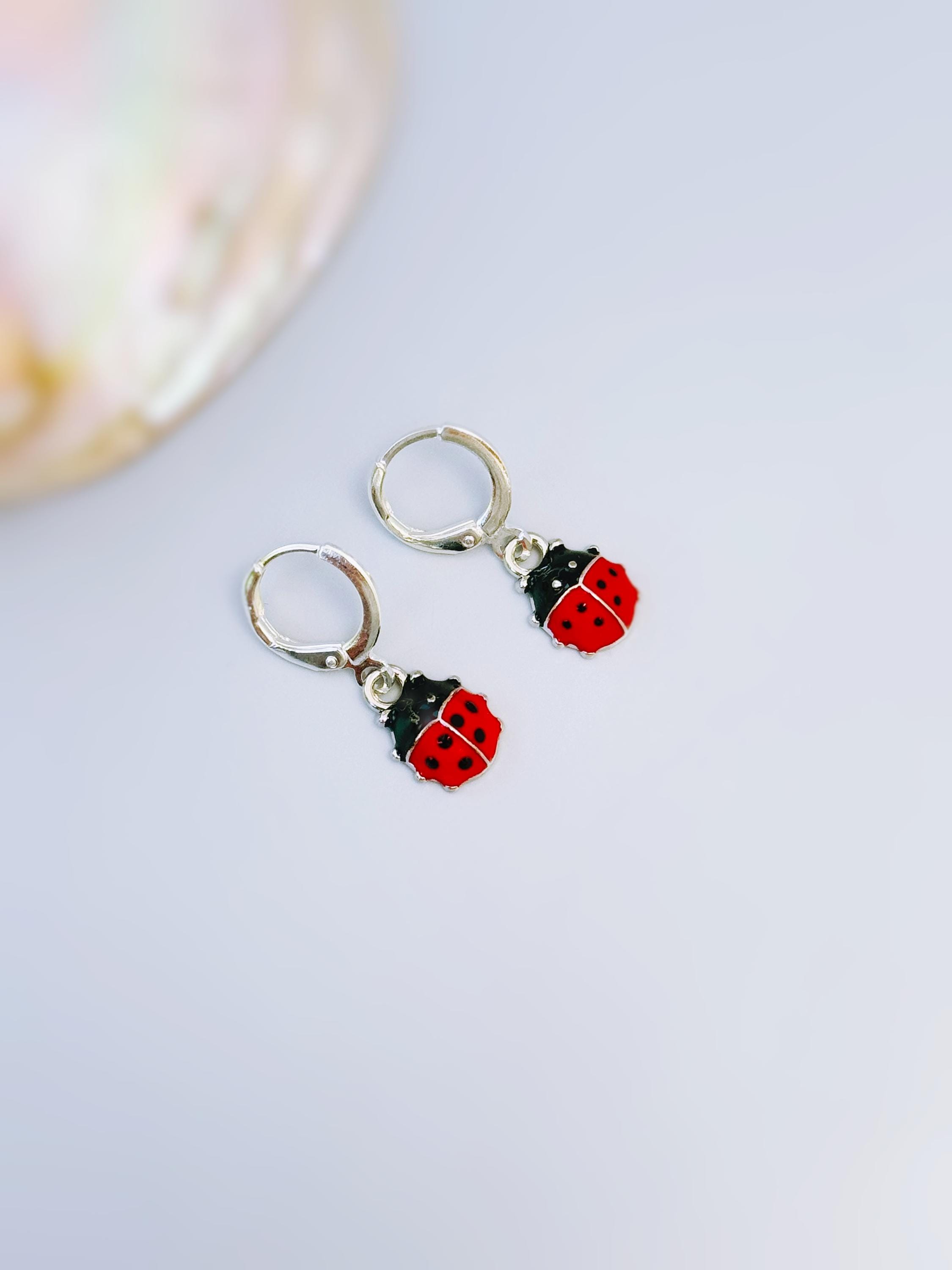 Dainty Ladybug Earrings dangle Gold, Silver huggie hoops handmade cottagecore minimalist nature inspired bug jewelry gift for gardeners, bff