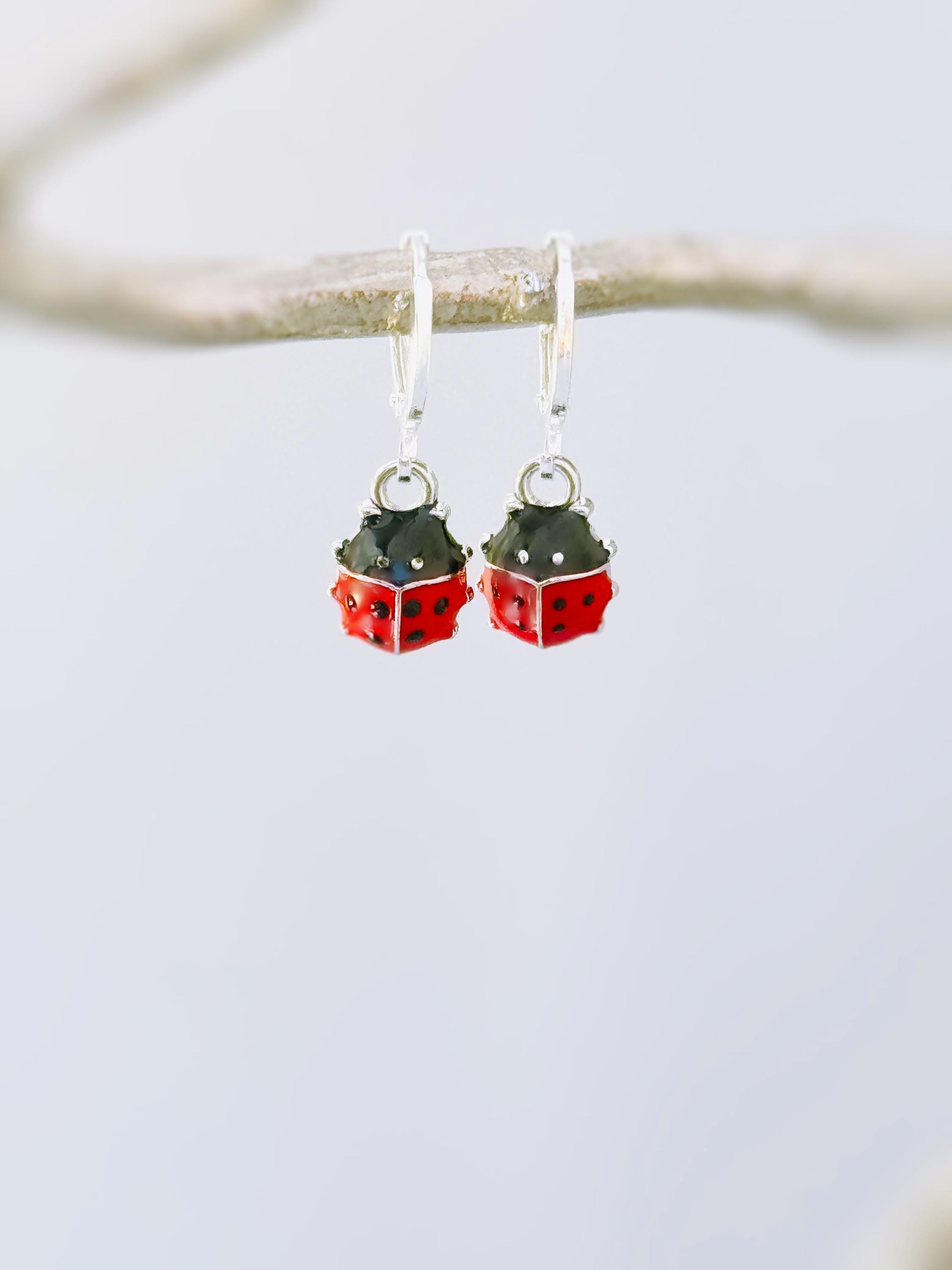 Dainty Ladybug Earrings dangle Gold, Silver huggie hoops handmade cottagecore minimalist nature inspired bug jewelry gift for gardeners, bff
