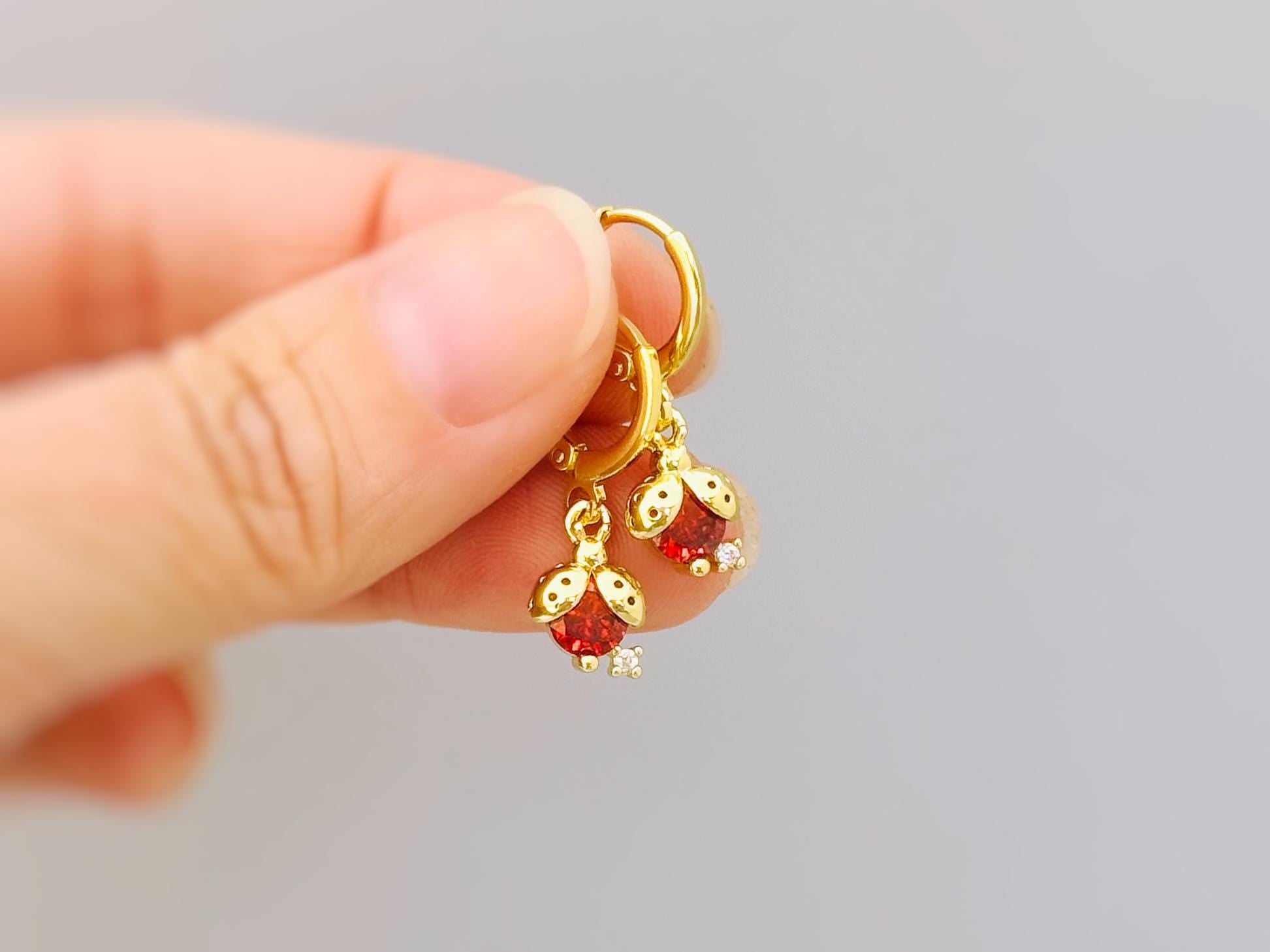 Dainty Crystal Ladybug Earrings Gold huggie hoops handmade cottagecore minimalist nature inspired bug jewelry gift for gardeners, bff