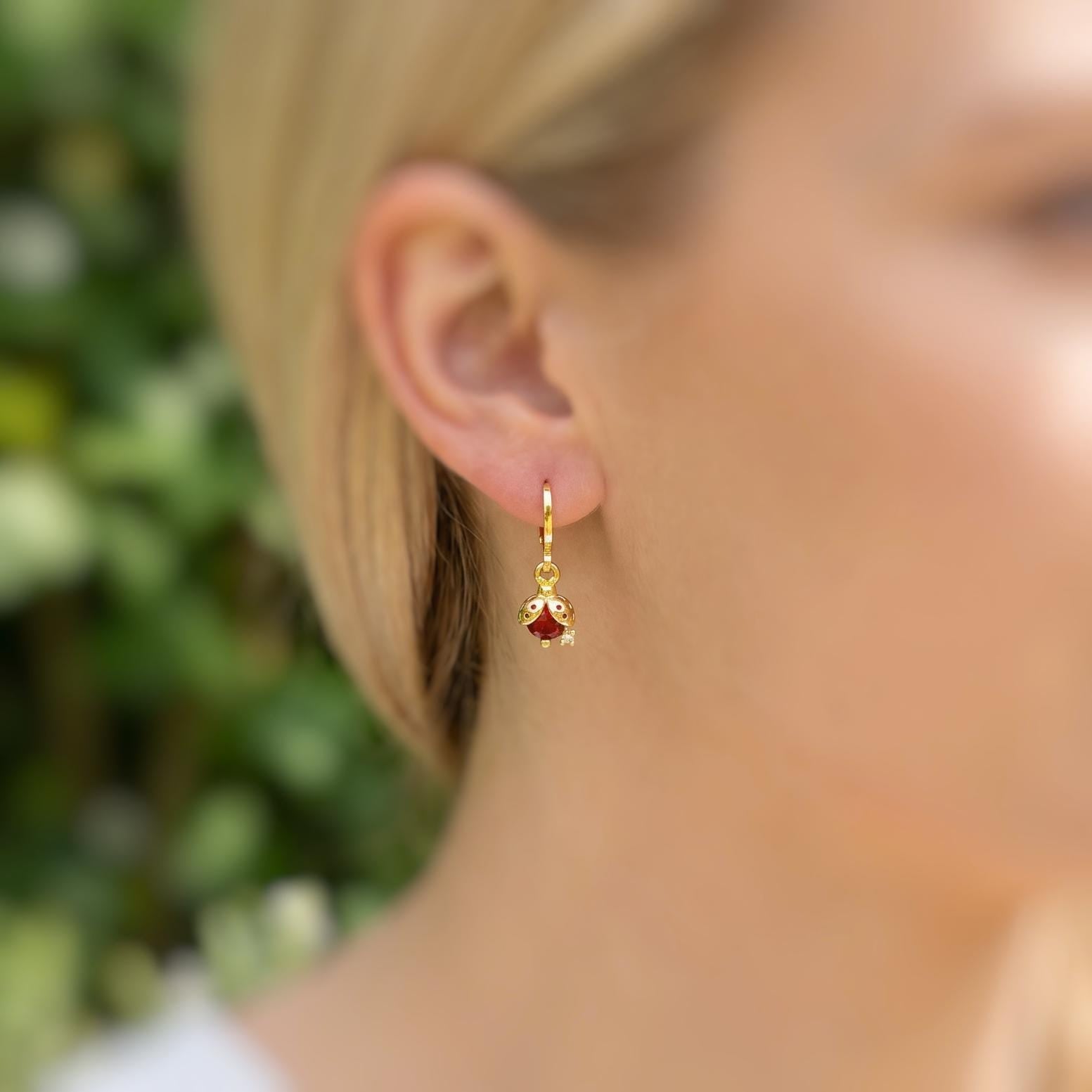 Dainty Crystal Ladybug Earrings Gold huggie hoops handmade cottagecore minimalist nature inspired bug jewelry gift for gardeners, bff