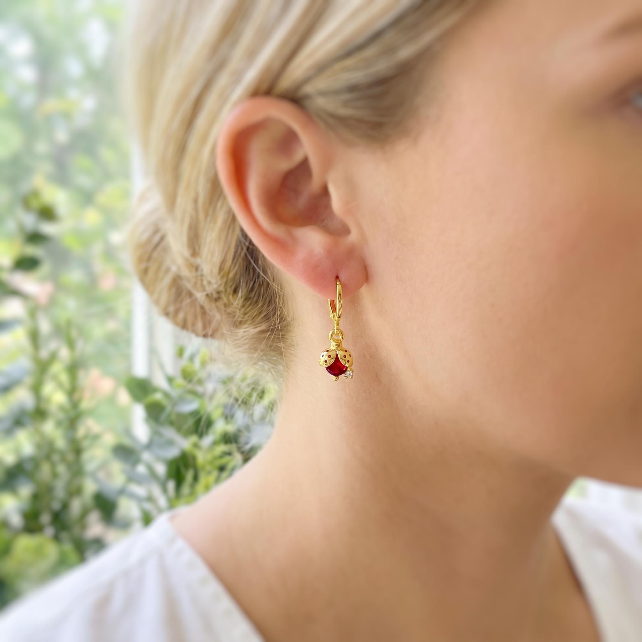 Dainty Crystal Ladybug Earrings Gold huggie hoops handmade cottagecore minimalist nature inspired bug jewelry gift for gardeners, bff