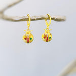 Dainty Rainbow Crystal Ladybug Earrings Gold huggie hoops handmade colorful cottagecore nature inspired bug jewelry gift for gardeners, bff