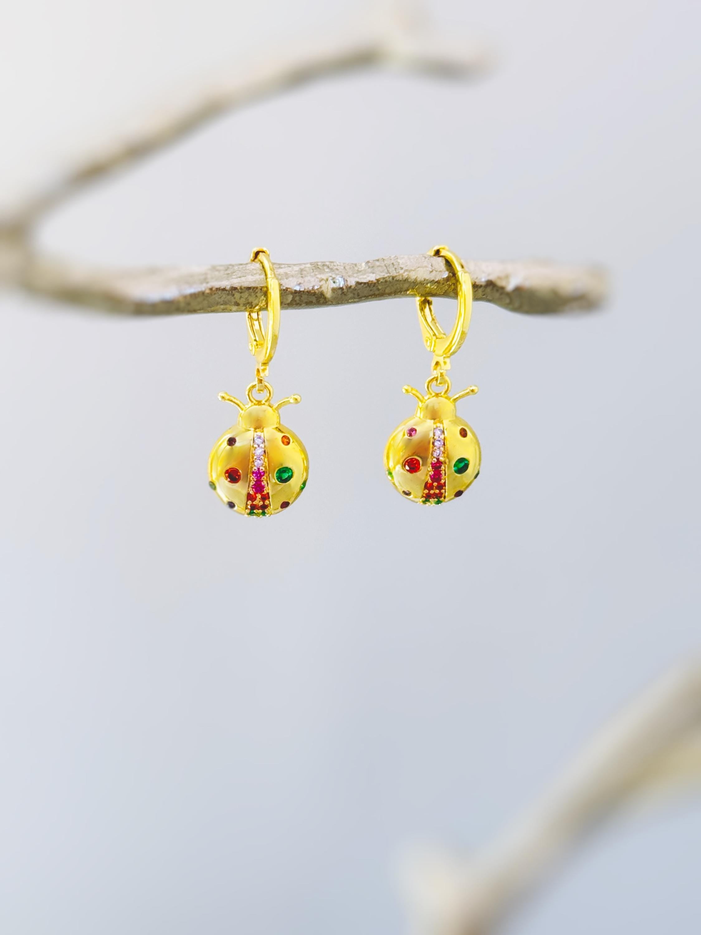 Dainty Rainbow Crystal Ladybug Earrings Gold huggie hoops handmade colorful cottagecore nature inspired bug jewelry gift for gardeners, bff