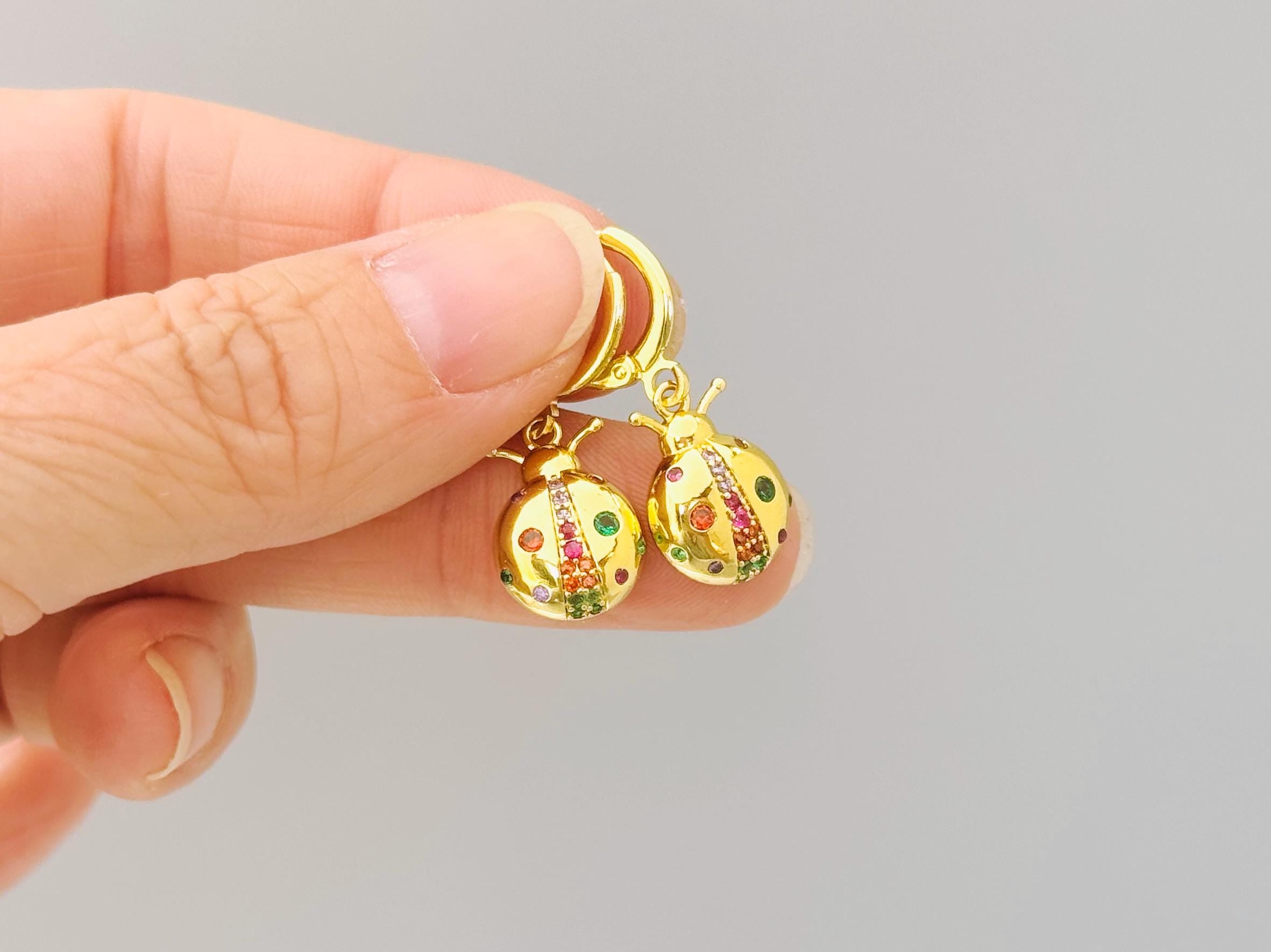 Dainty Rainbow Crystal Ladybug Earrings Gold huggie hoops handmade colorful cottagecore nature inspired bug jewelry gift for gardeners, bff