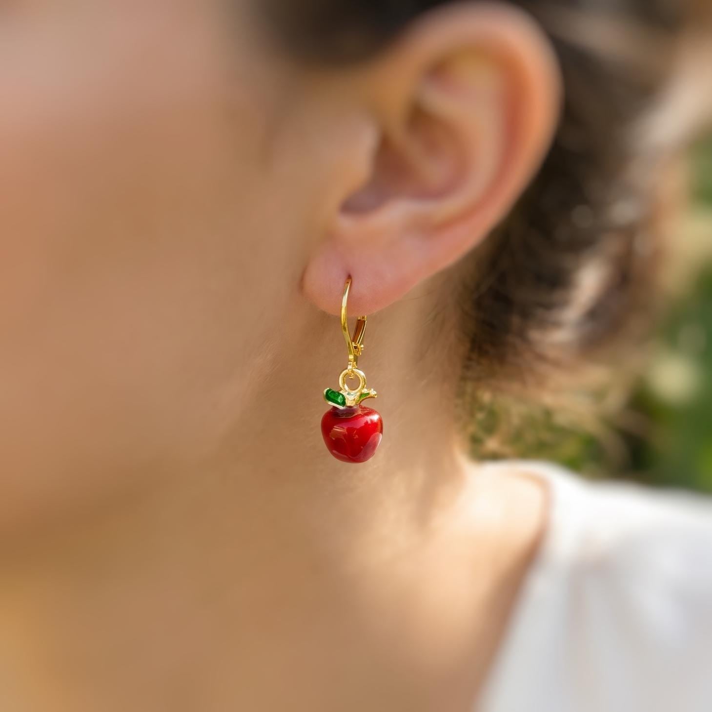 Apple Earrings dangle gold teacher gifts for women, colorful cute red Fruit Food Jewelry nature inspired fall jewelry gift for gardeners