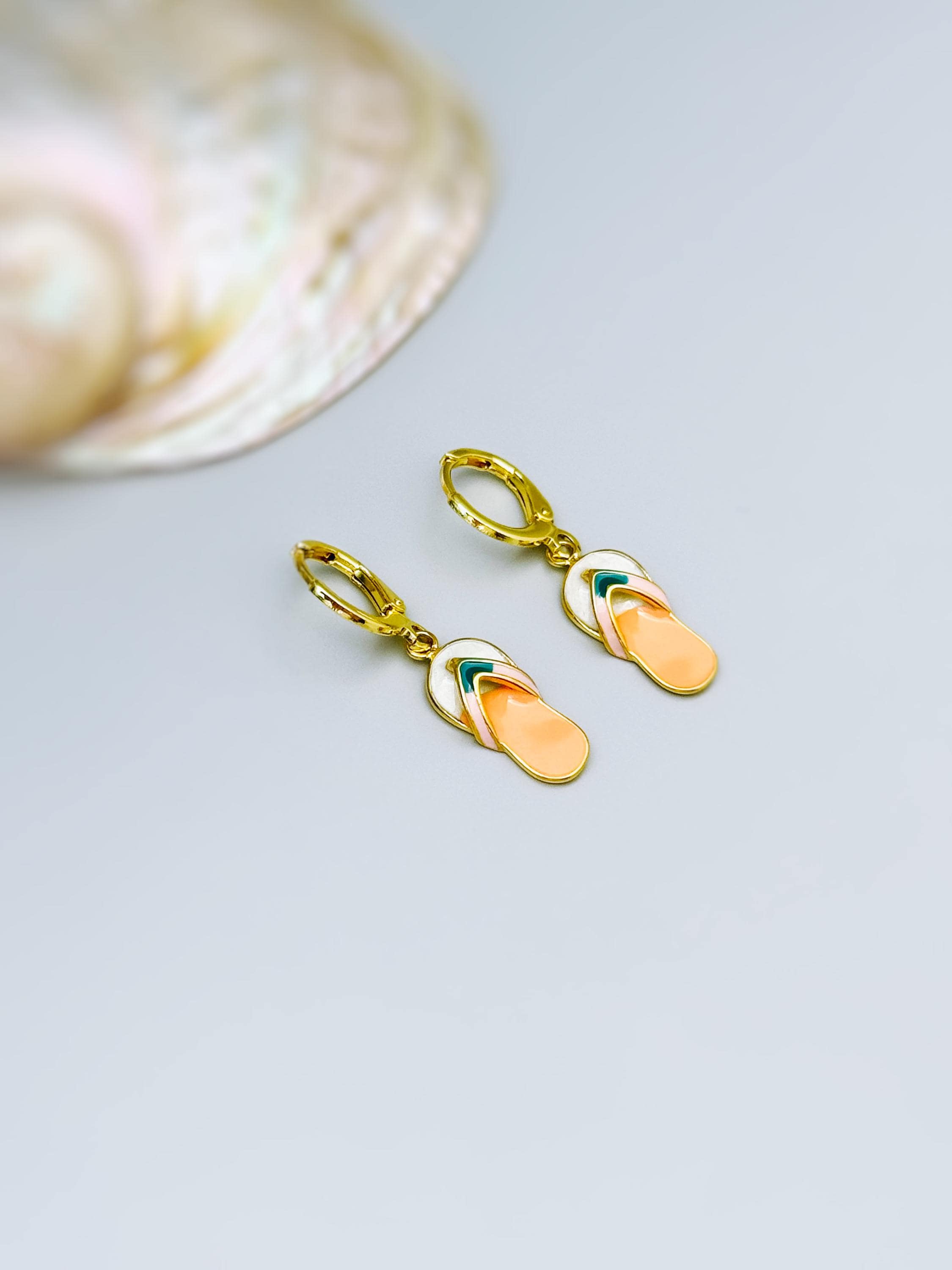 Summer Earrings gold Flip Flops Huggie Hoops, cute boho beachy ocean jewelry, unique fun whimsical novelty gift for surfers, swimmers women