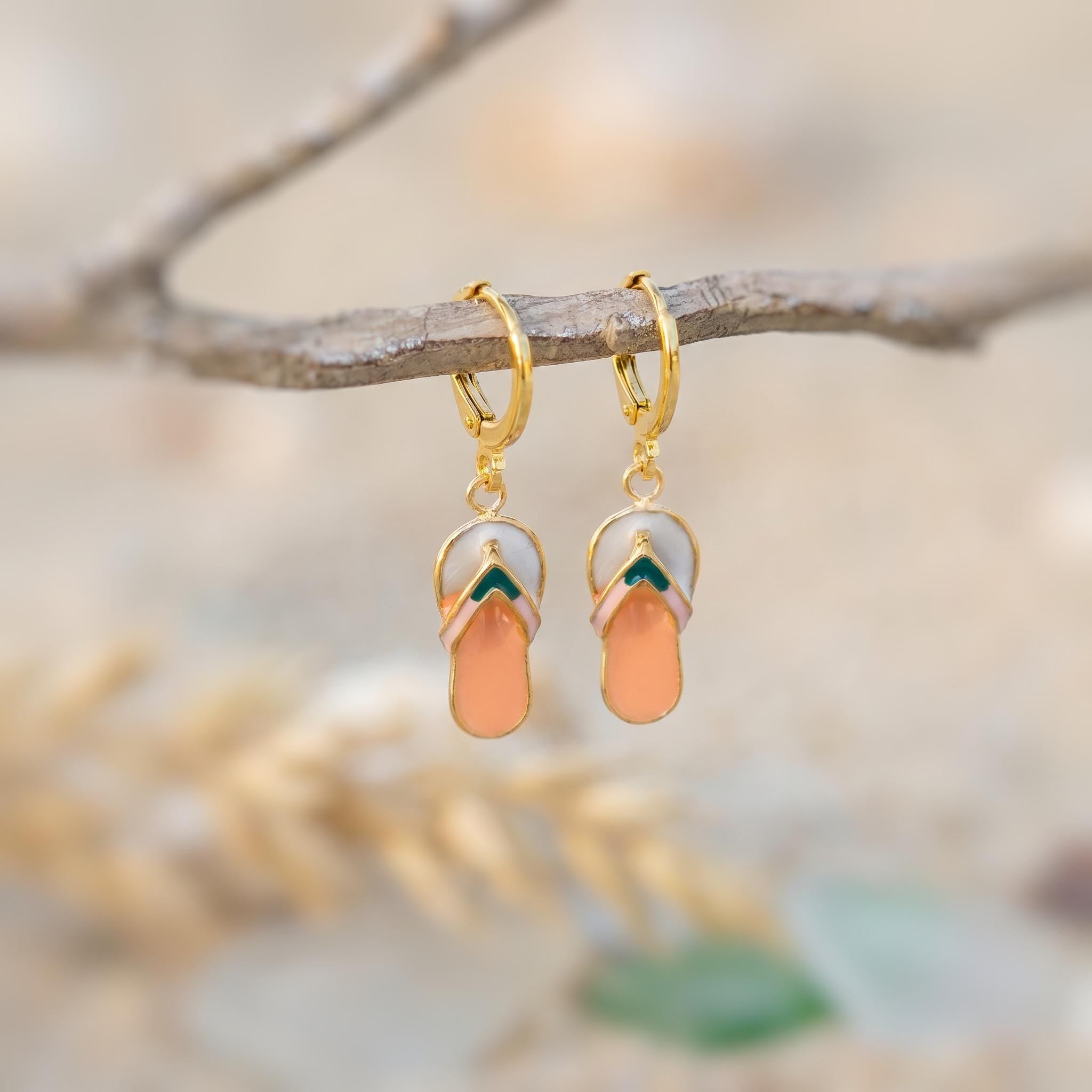 Summer Earrings gold Flip Flops Huggie Hoops, cute boho beachy ocean jewelry, unique fun whimsical novelty gift for surfers, swimmers women
