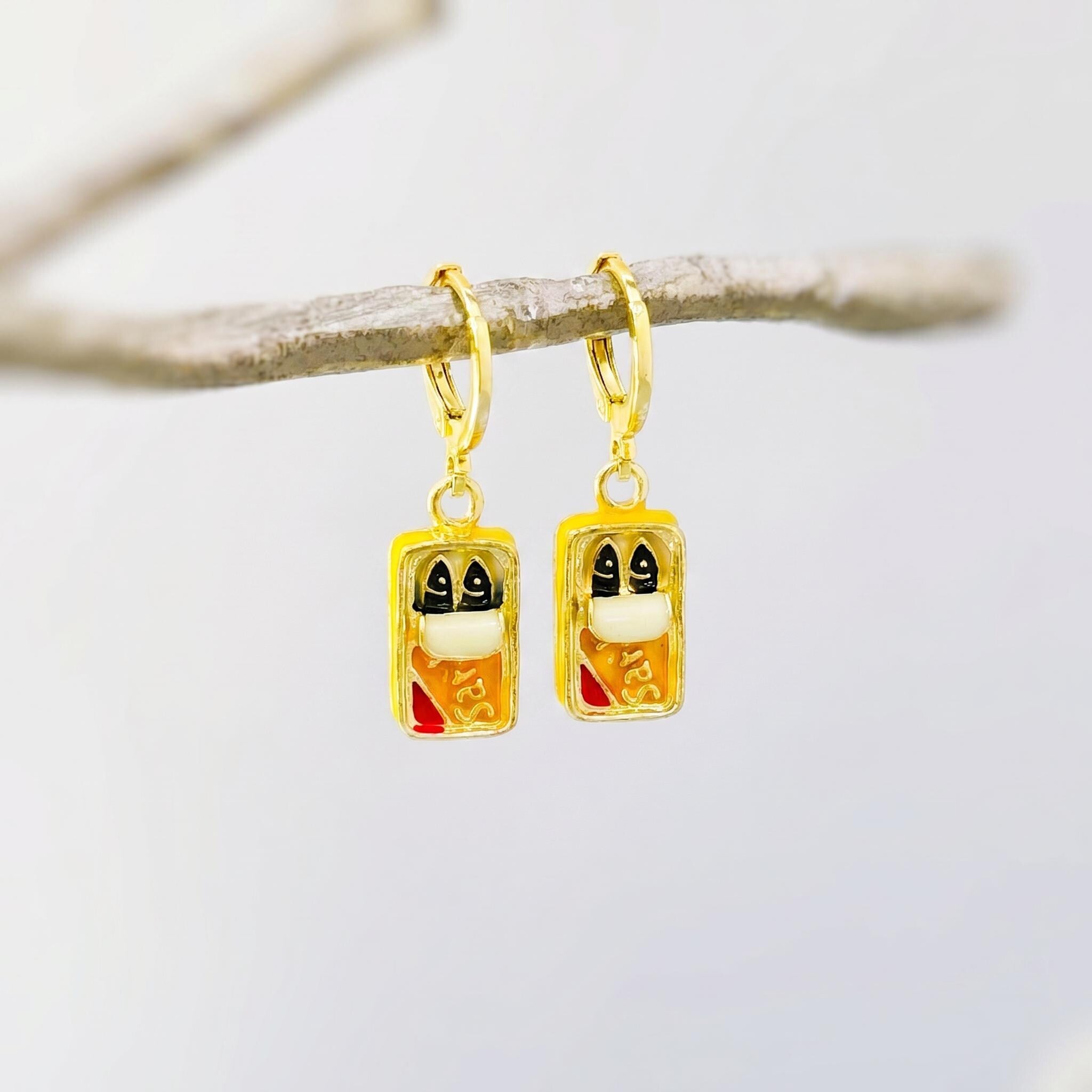 Sardine Earrings gold Huggie Hoops, cute fish earrings trendy ocean jewelry, unique fun whimsical novelty coastal nautical gift for women