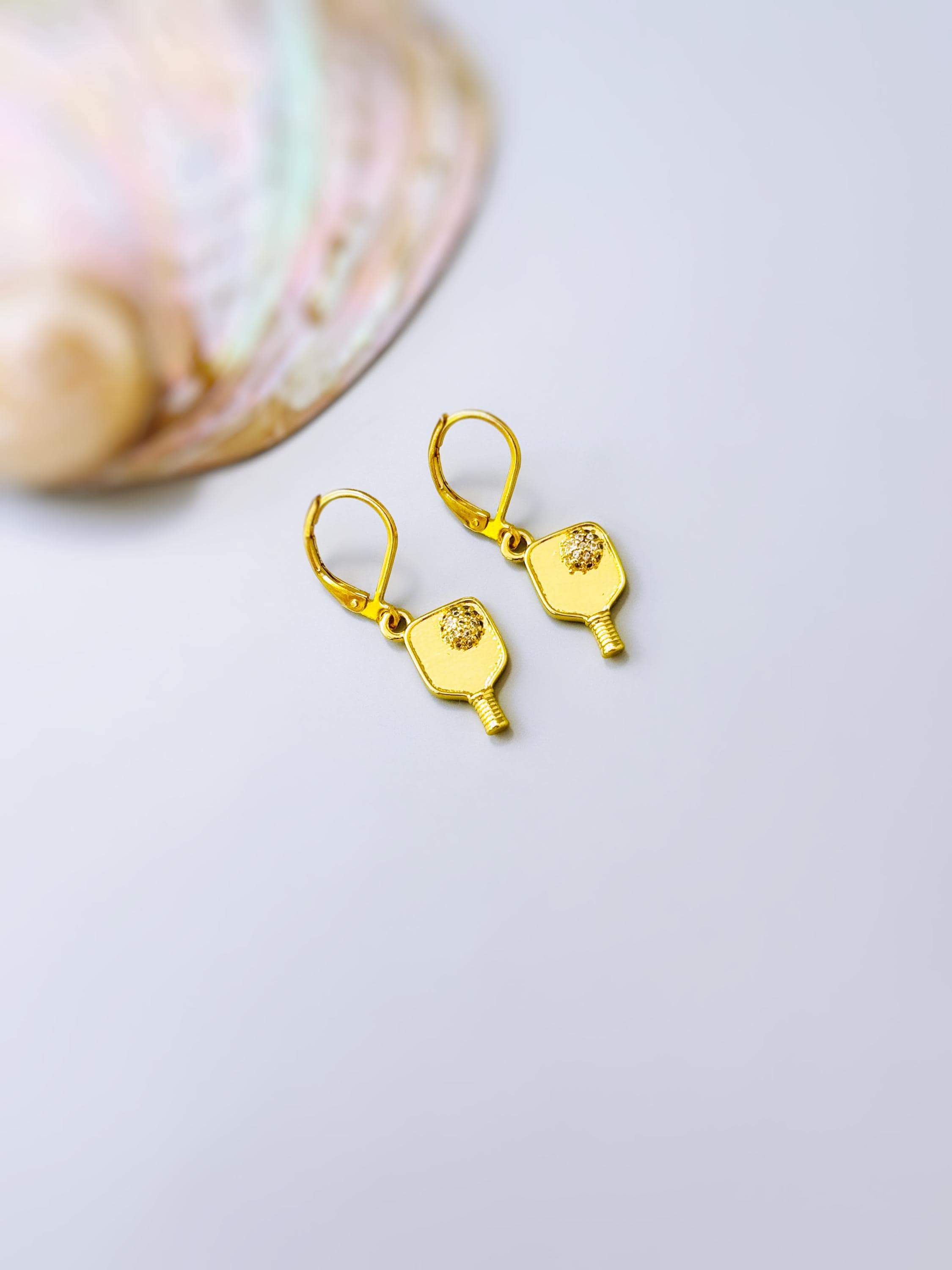 Pickleball Earrings Gold Leverbacks, Pickleball Jewelry, Pickleball Gift for Her, Sports Earrings, cute sporty Pickleball accessories
