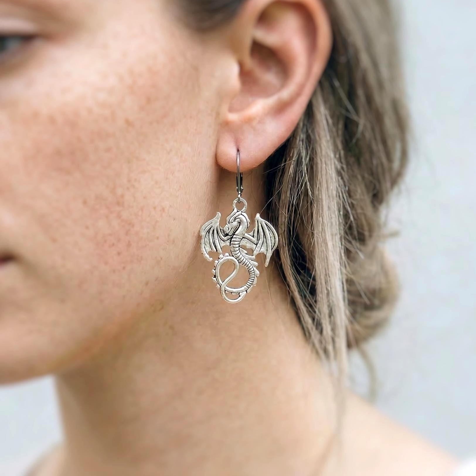Silver Dragon Earrings dangle handmade Fantasy whimsigoth jewelry stainless steel grunge gothic statement earrings witchy gift for women