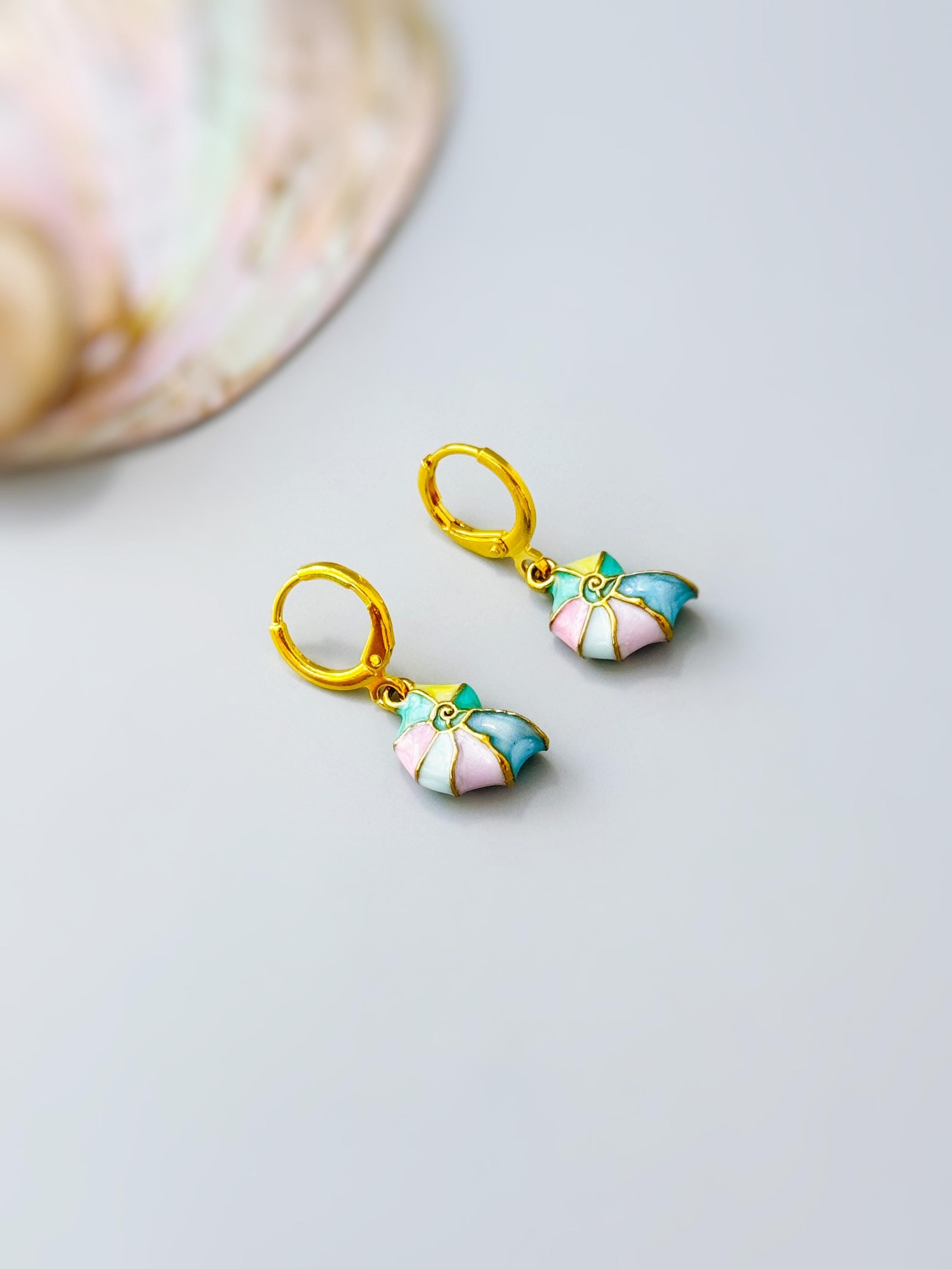 Pastel Nautilus Shell Earrings Gold Huggie Hoop dangle handmade ocean lover gift nature inspired coastal nautical beachy summer jewelry