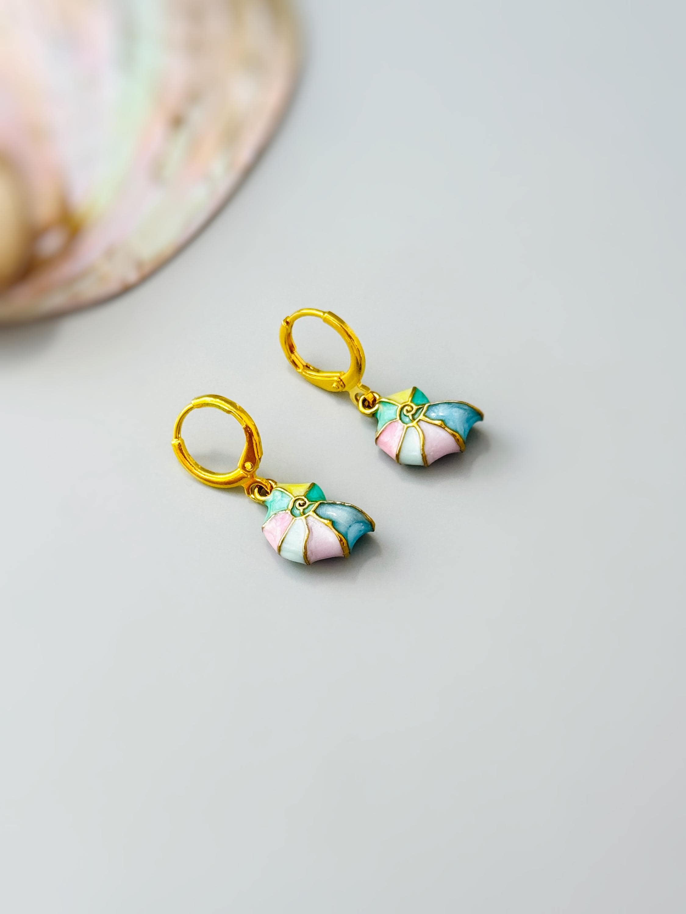 Pastel Nautilus Shell Earrings Gold Huggie Hoop dangle handmade ocean lover gift nature inspired coastal nautical beachy summer jewelry