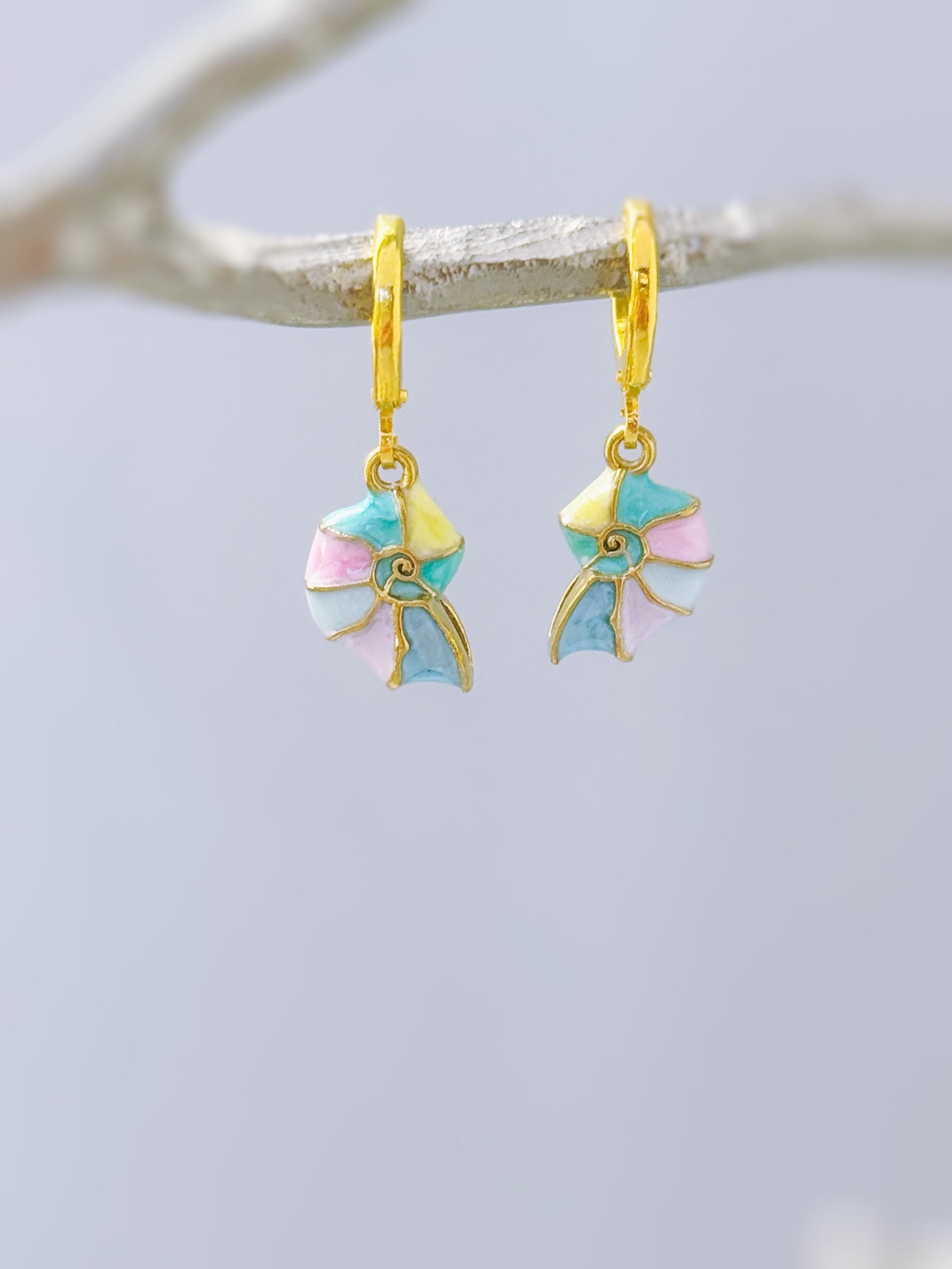 Pastel Nautilus Shell Earrings Gold Huggie Hoop dangle handmade ocean lover gift nature inspired coastal nautical beachy summer jewelry