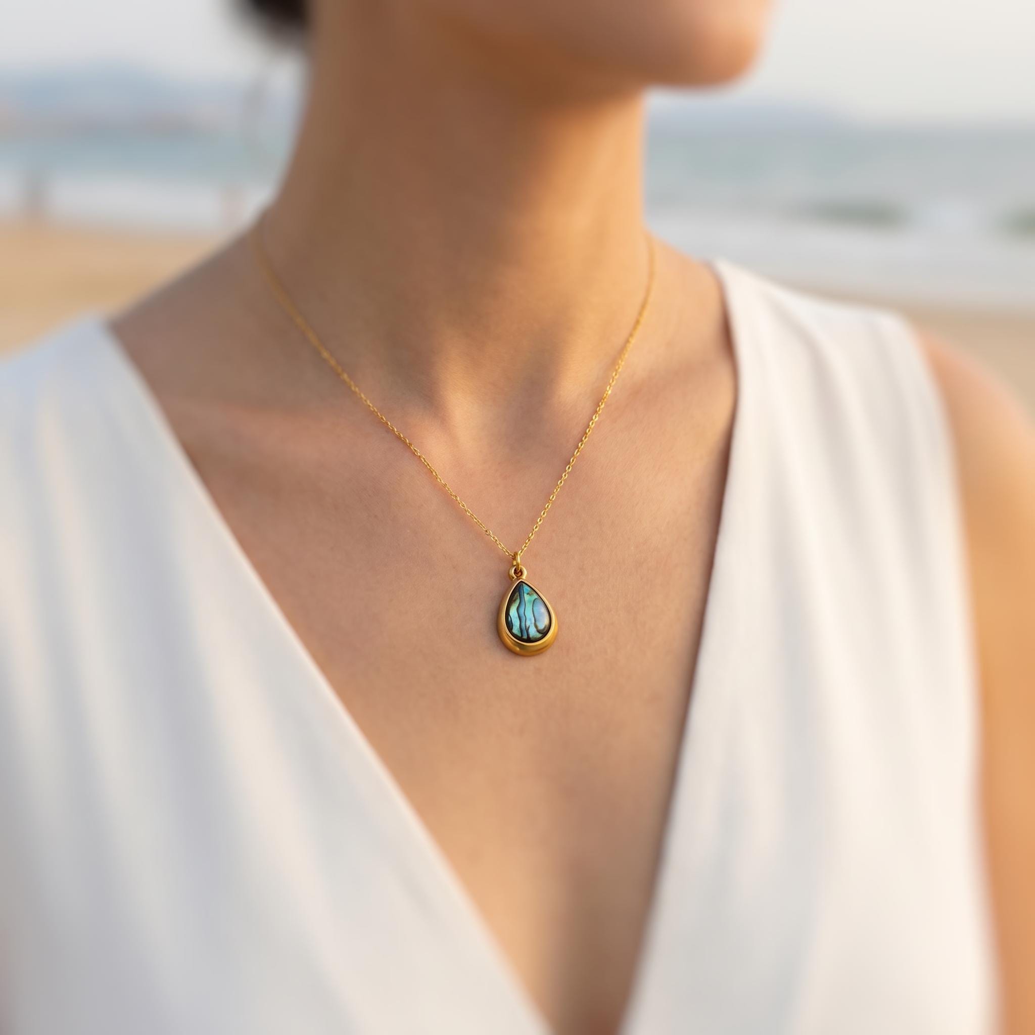 Teardrop Abalone Necklace, Gold Summer Ocean Jewelry, Abalone Shell Pendant Necklace, Coastal Beach Jewelry, Mermaid Necklace Gift for Her