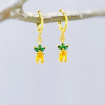 Tiny Pineapple Earrings crystal Gold Huggie Hoops yellow Fruit Charm Earrings, Tropical Summer Jewelry Chef Gift, Cute Summer Earrings