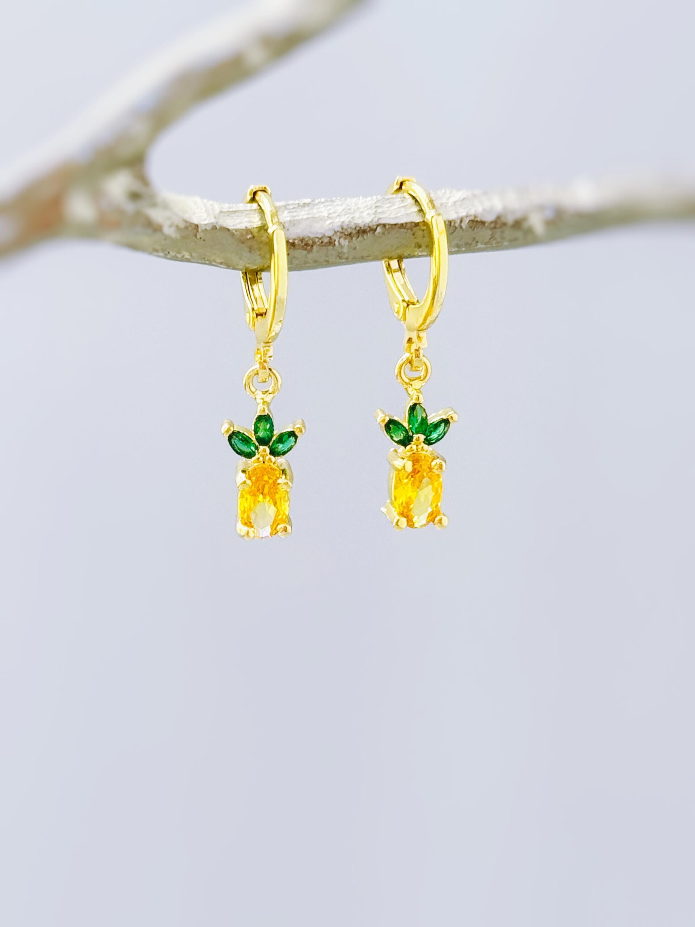 Tiny Pineapple Earrings crystal Gold Huggie Hoops yellow Fruit Charm Earrings, Tropical Summer Jewelry Chef Gift, Cute Summer Earrings