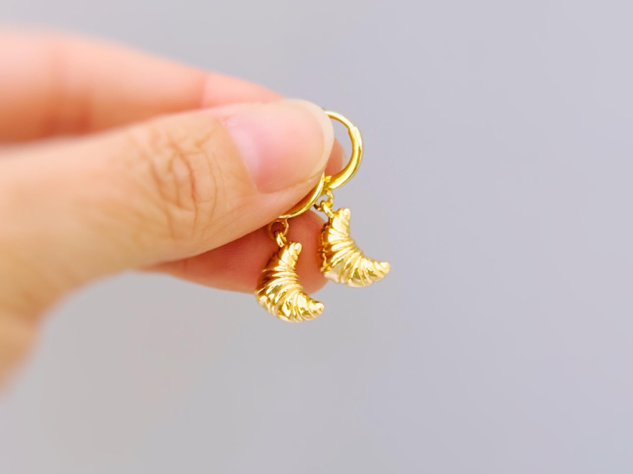 Dainty Croissant Earrings gold Huggie Hoops, cute trendy miniature food jewelry, unique fun whimsical bread gift for chef, baker, foodie