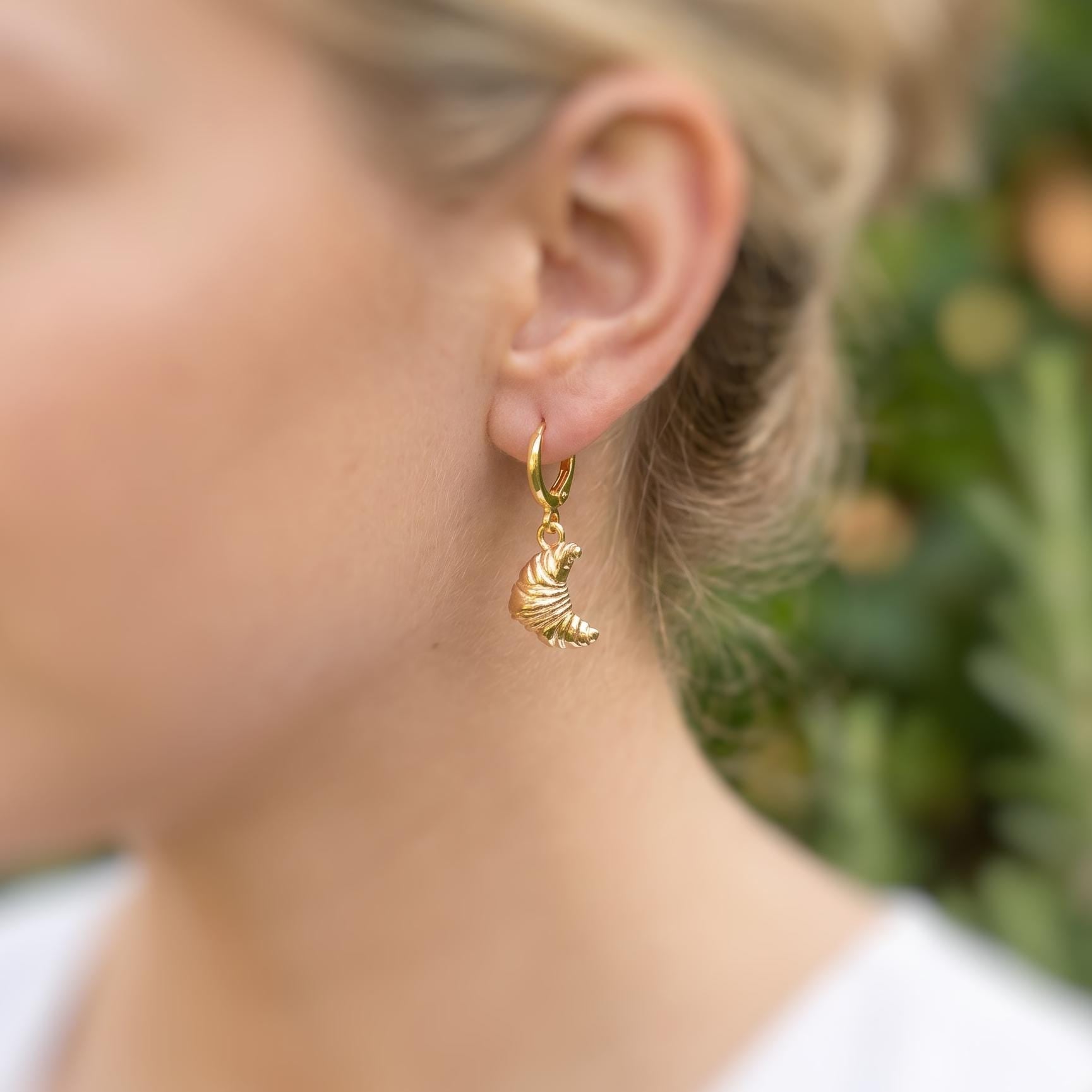 Dainty Croissant Earrings gold Huggie Hoops, cute trendy miniature food jewelry, unique fun whimsical bread gift for chef, baker, foodie