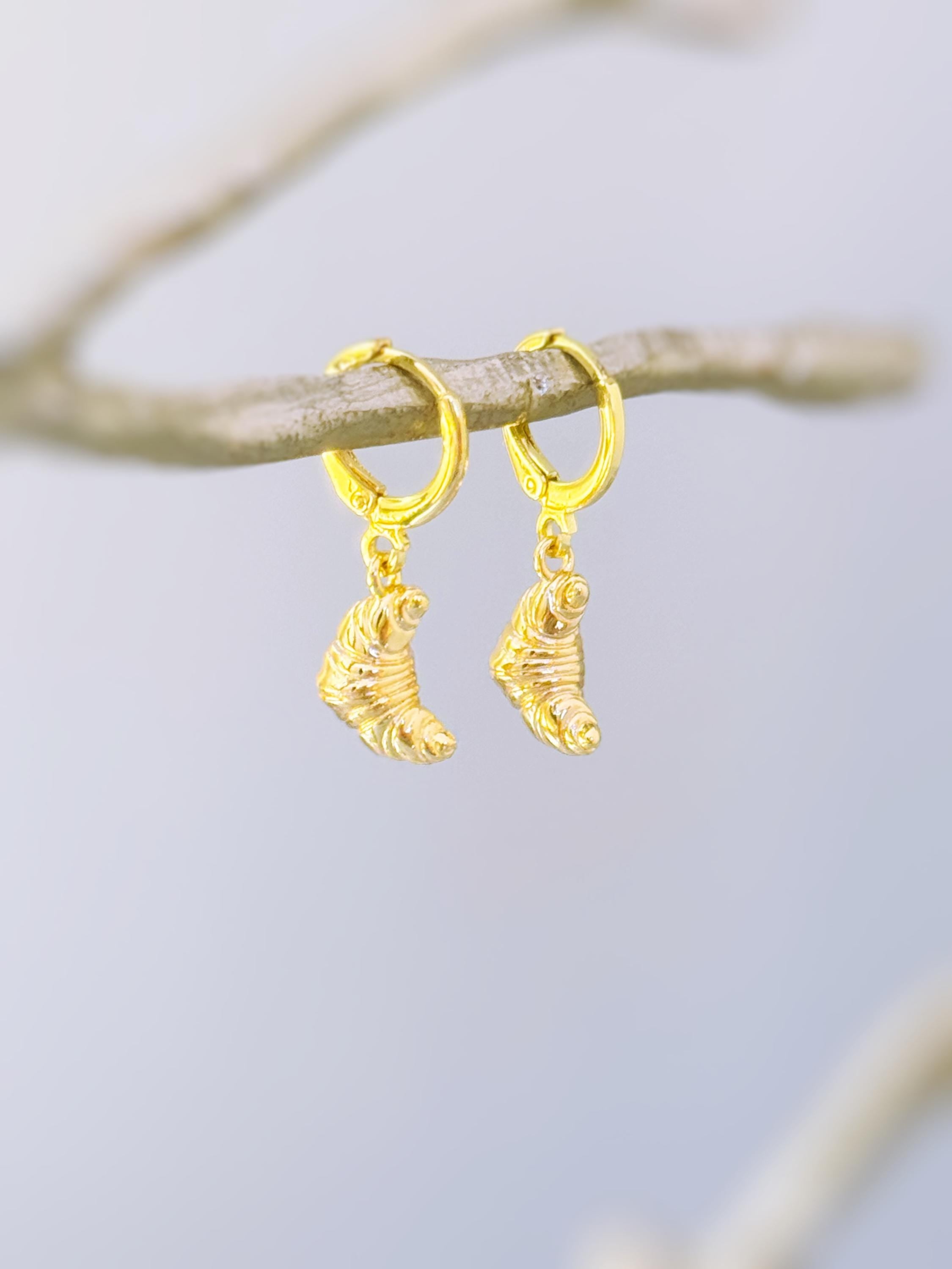 Dainty Croissant Earrings gold Huggie Hoops, cute trendy miniature food jewelry, unique fun whimsical bread gift for chef, baker, foodie