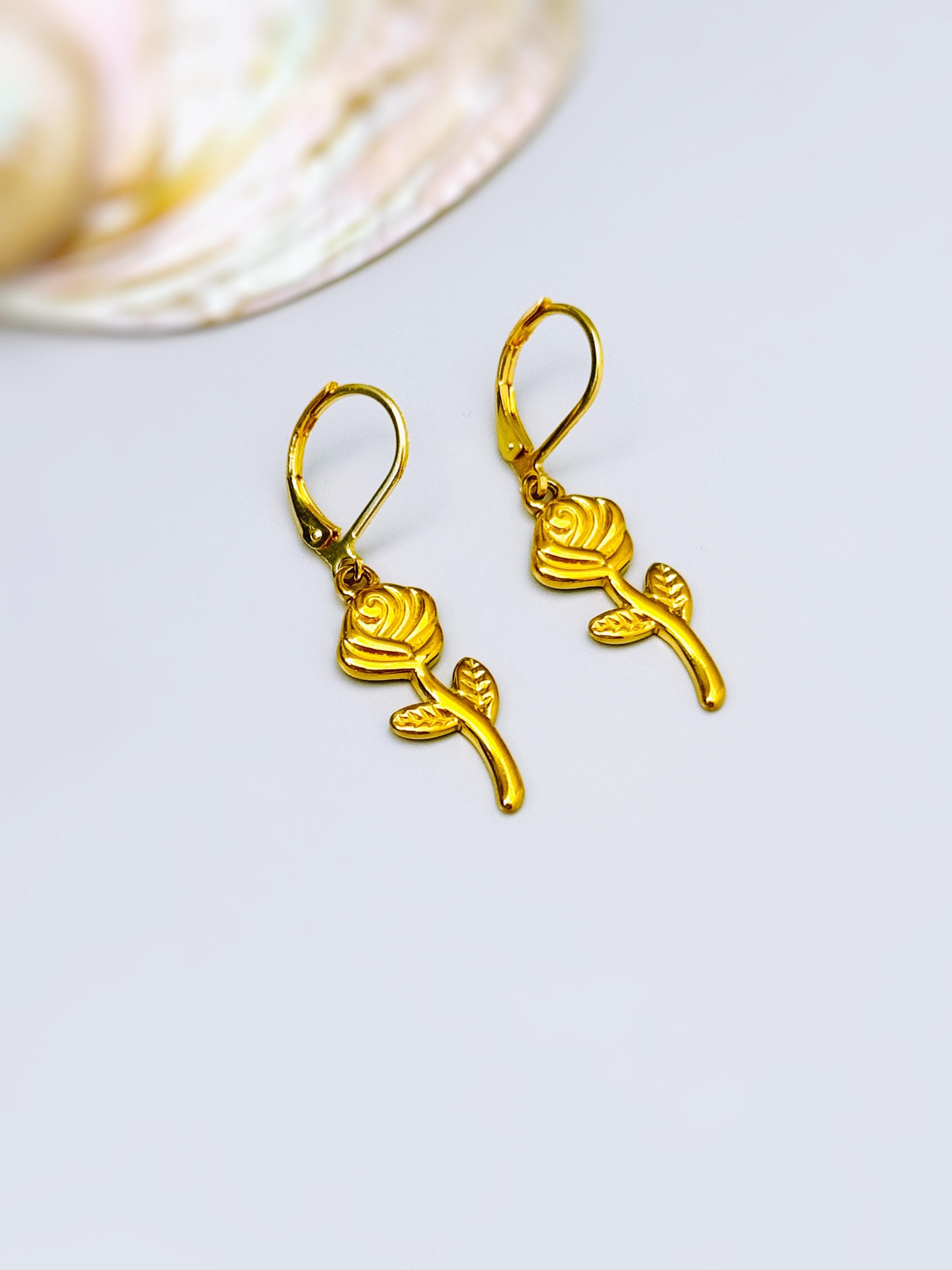 Gold Rose Earrings Dangle handmade June birth flower jewelry, romantic elegant June Birth Flower nature botanical Birthday gift for gardener