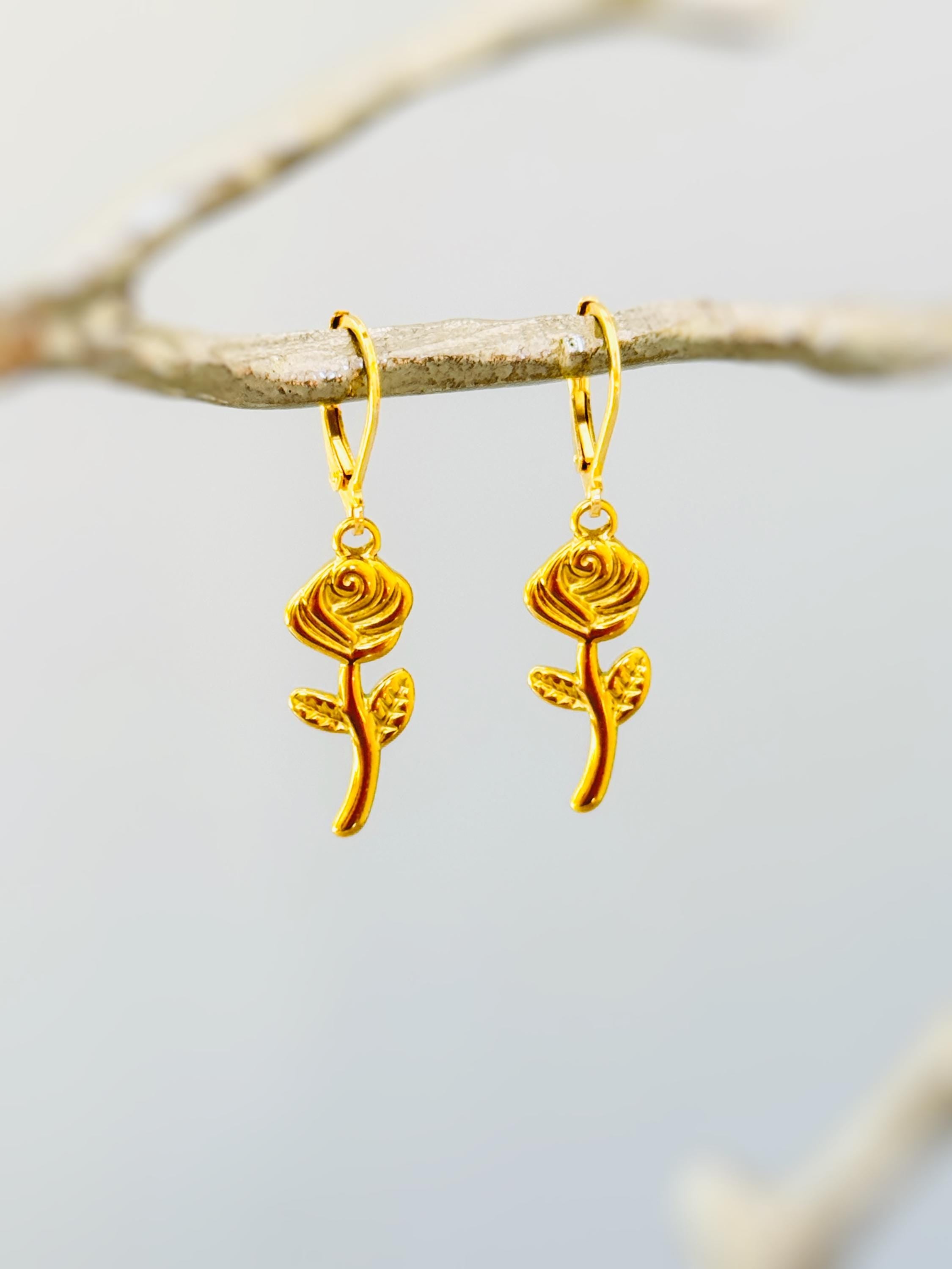Gold Rose Earrings Dangle handmade June birth flower jewelry, romantic elegant June Birth Flower nature botanical Birthday gift for gardener