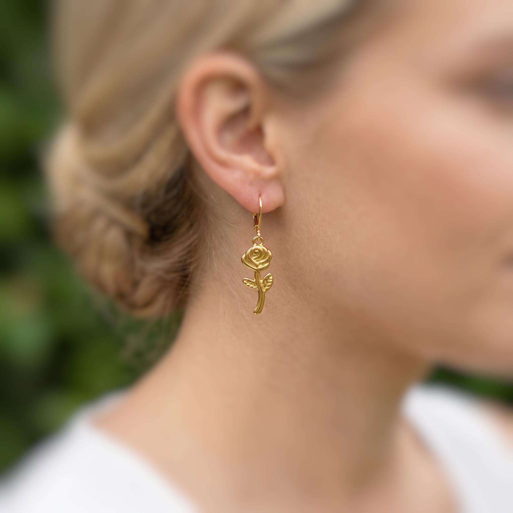 Gold Rose Earrings Dangle handmade June birth flower jewelry, romantic elegant June Birth Flower nature botanical Birthday gift for gardener