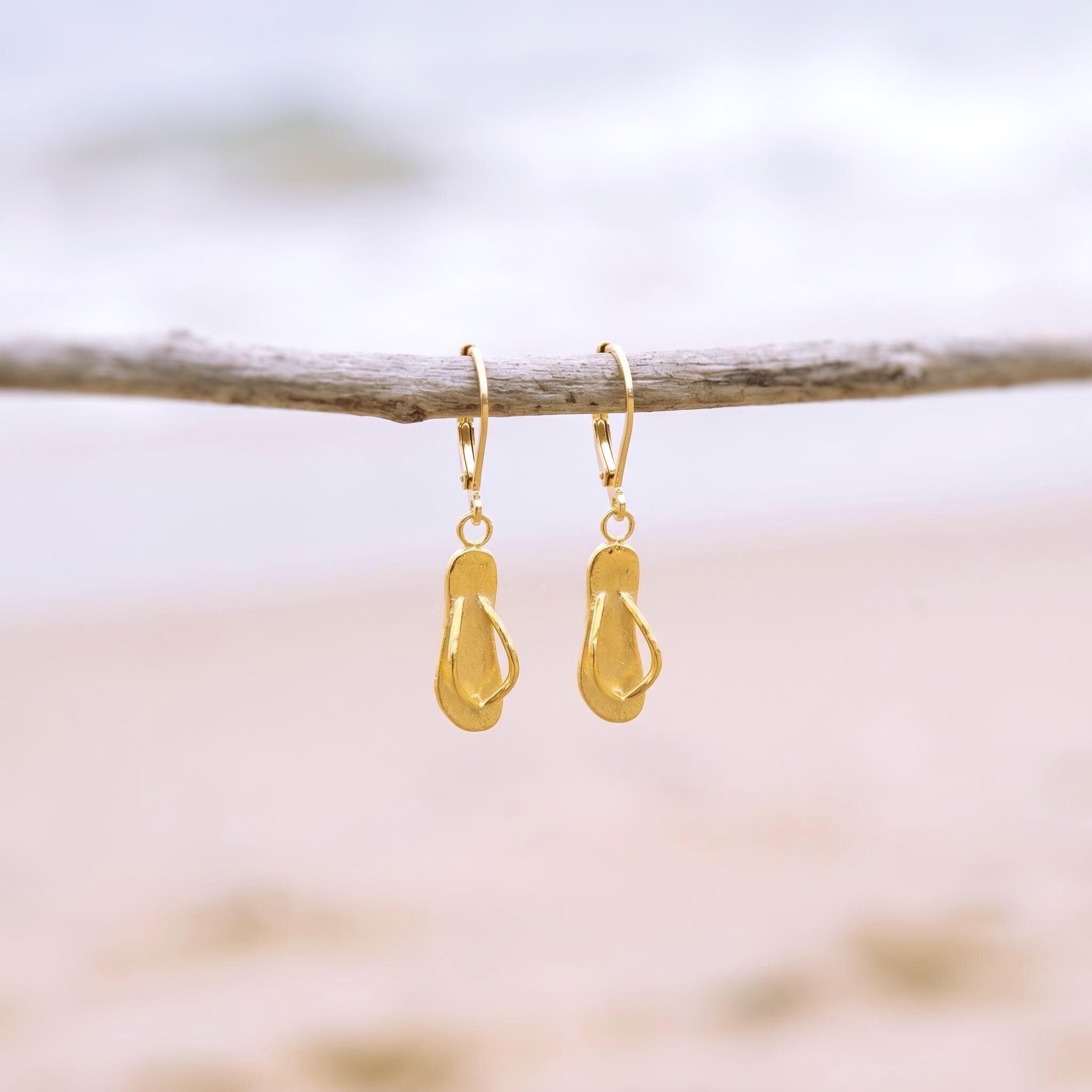 Flip Flop Earrings, gold cute boho beachy Summer Earrings ocean jewelry for women, unique fun whimsical novelty gift for women surfers