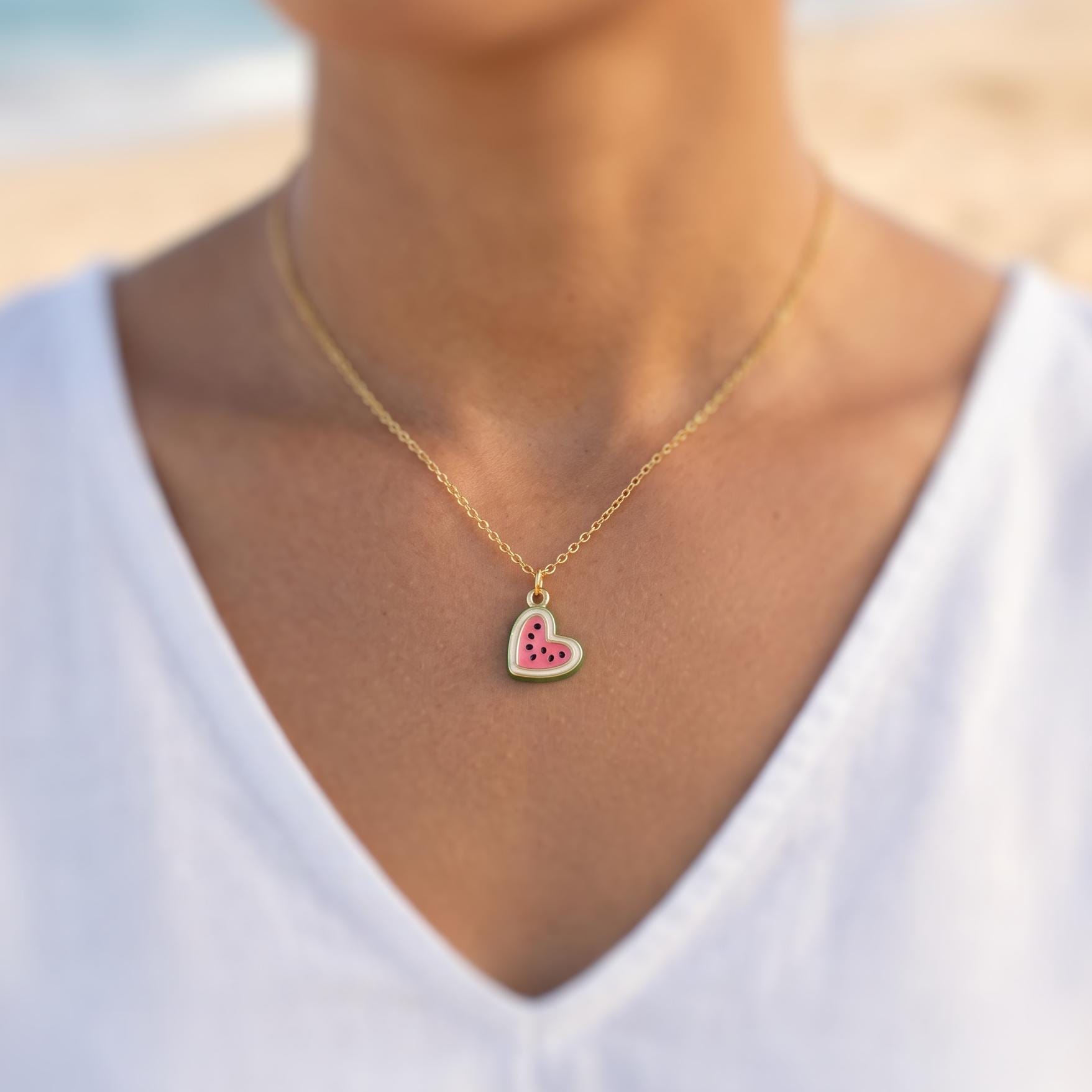 Watermelon Necklace gold heart cute summer jewelry gift for her unique fun miniature fruit jewelry for her cutecore gift for teens, daughter