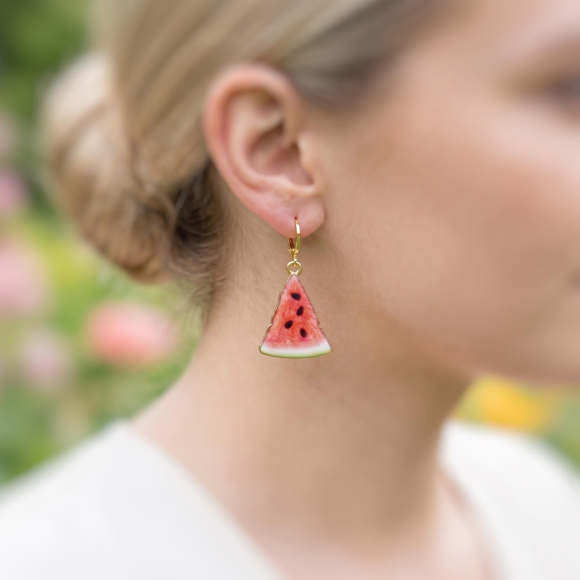 Watermelon Earrings Gold Huggie Hoops Cute Summer Jewelry Pink Fruit Charm Earrings Cottagecore Jewelry for Chef Gift for gardeners, women
