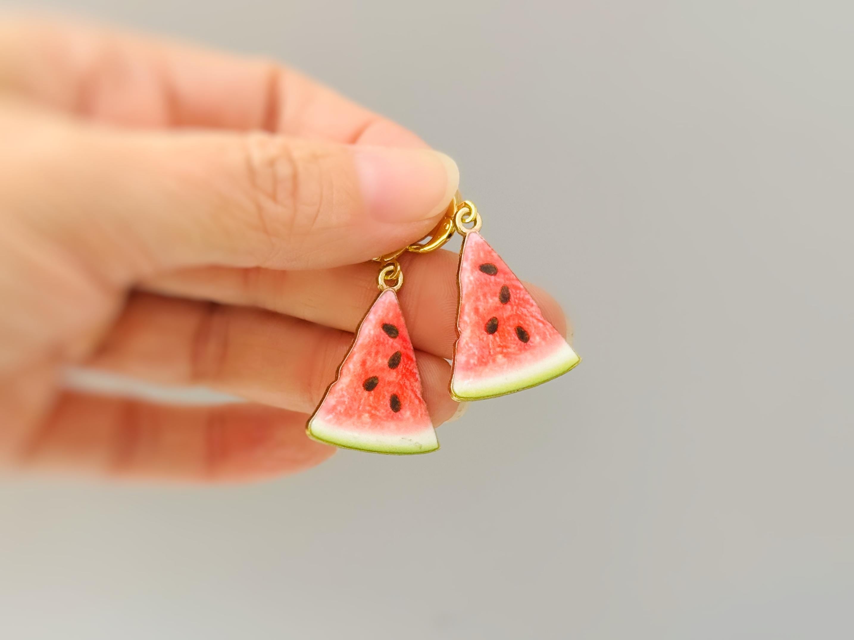 Watermelon Earrings Gold Huggie Hoops Cute Summer Jewelry Pink Fruit Charm Earrings Cottagecore Jewelry for Chef Gift for gardeners, women