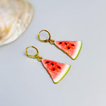 Watermelon Earrings Gold Huggie Hoops Cute Summer Jewelry Pink Fruit Charm Earrings Cottagecore Jewelry for Chef Gift for gardeners, women