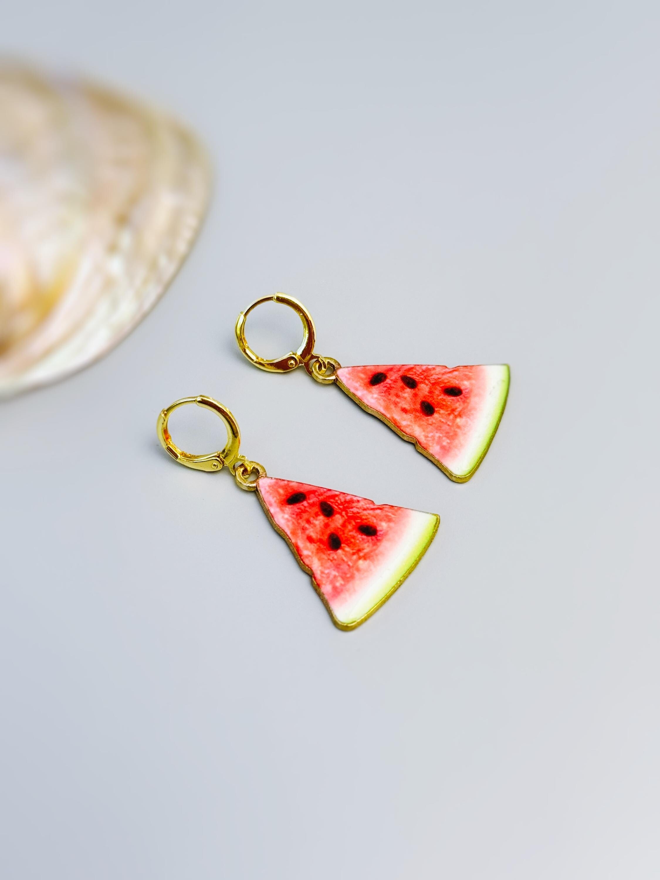 Watermelon Earrings Gold Huggie Hoops Cute Summer Jewelry Pink Fruit Charm Earrings Cottagecore Jewelry for Chef Gift for gardeners, women