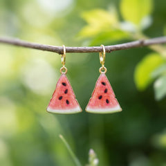 Watermelon Earrings Gold Huggie Hoops Cute Summer Jewelry Pink Fruit Charm Earrings Cottagecore Jewelry for Chef Gift for gardeners, women