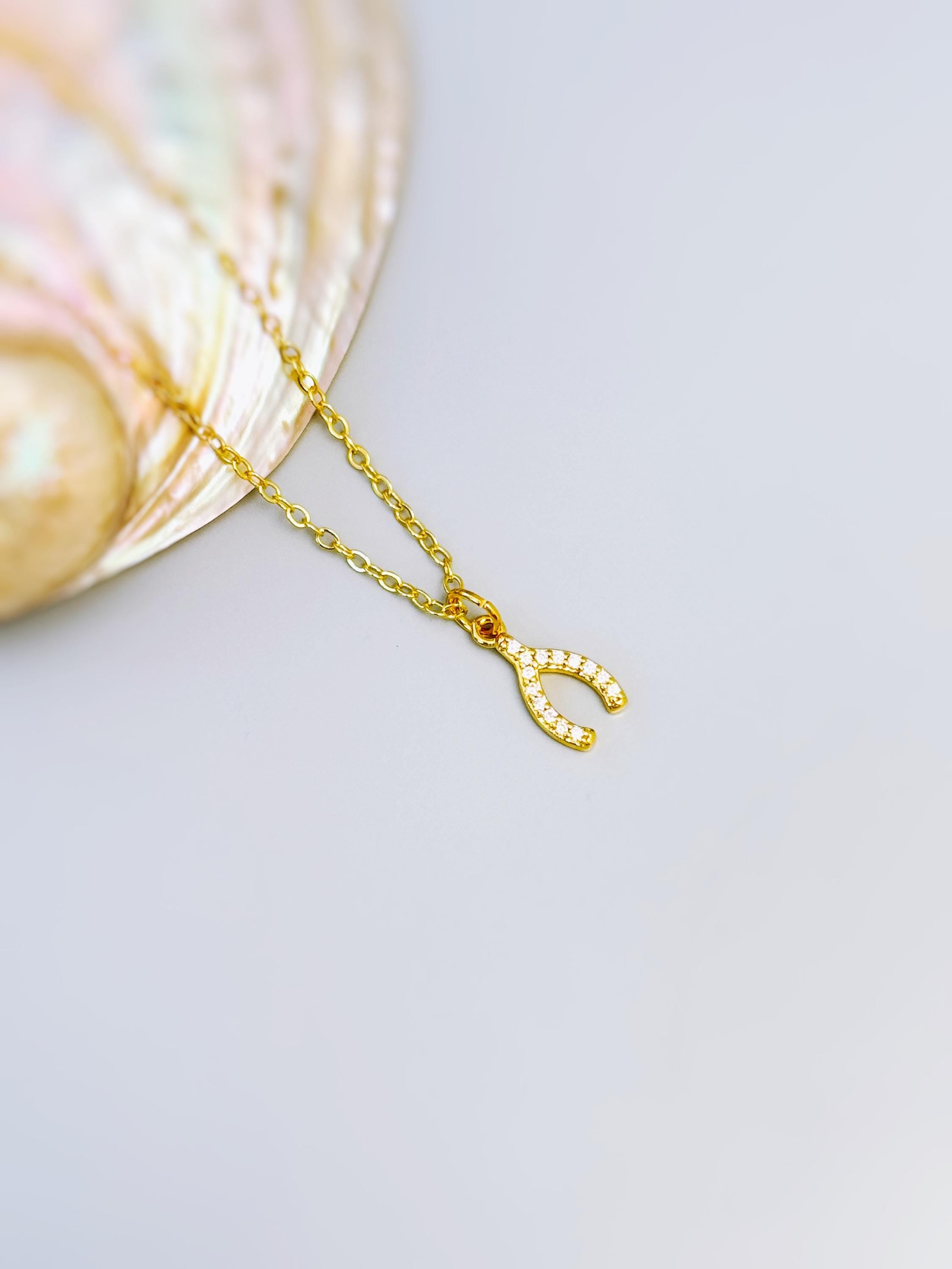 Tiny Crystal Wishbone Necklace Gold, Lucky Charm Necklace, Dainty Minimalist Jewelry, Good Luck Gift for women, Delicate Layering Necklace
