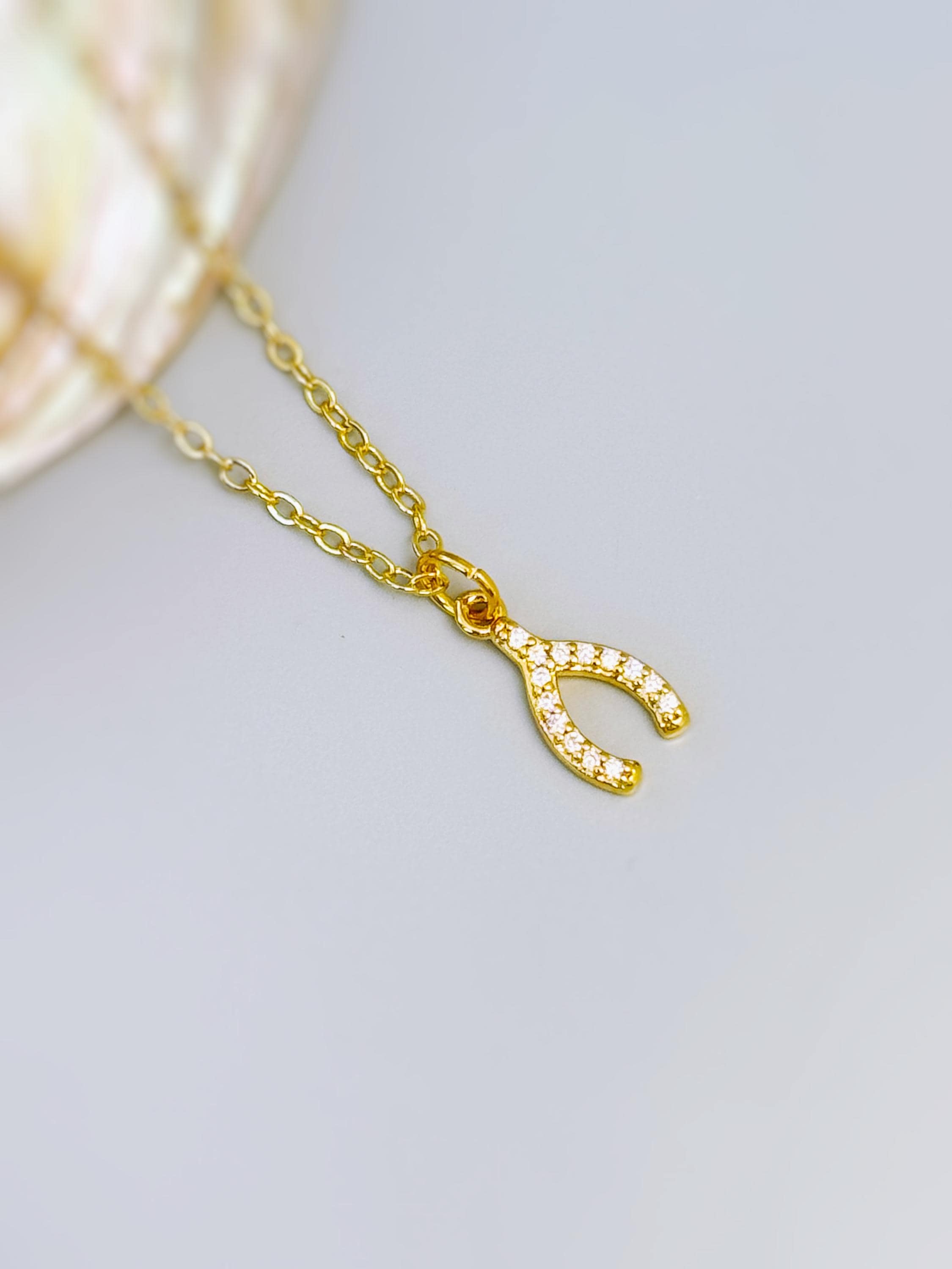 Tiny Crystal Wishbone Necklace Gold, Lucky Charm Necklace, Dainty Minimalist Jewelry, Good Luck Gift for women, Delicate Layering Necklace