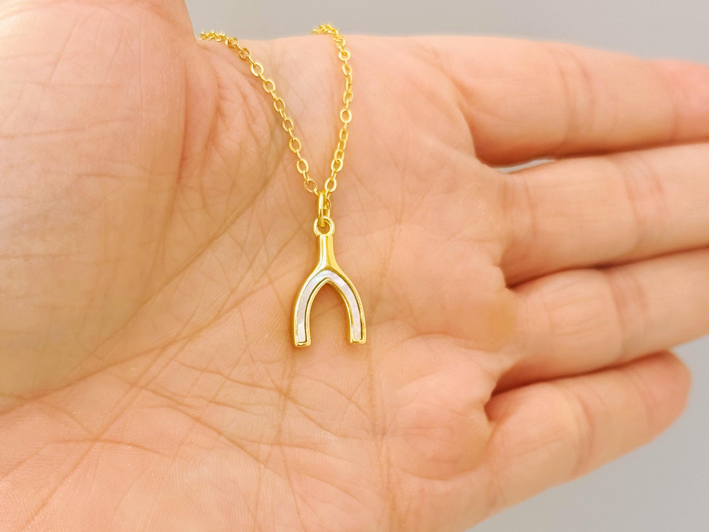 Mother of Pearl Wishbone Necklace Gold, Lucky Charm Necklace, Dainty Minimalist Jewelry, Good Luck Gift for her Layering Necklace for women