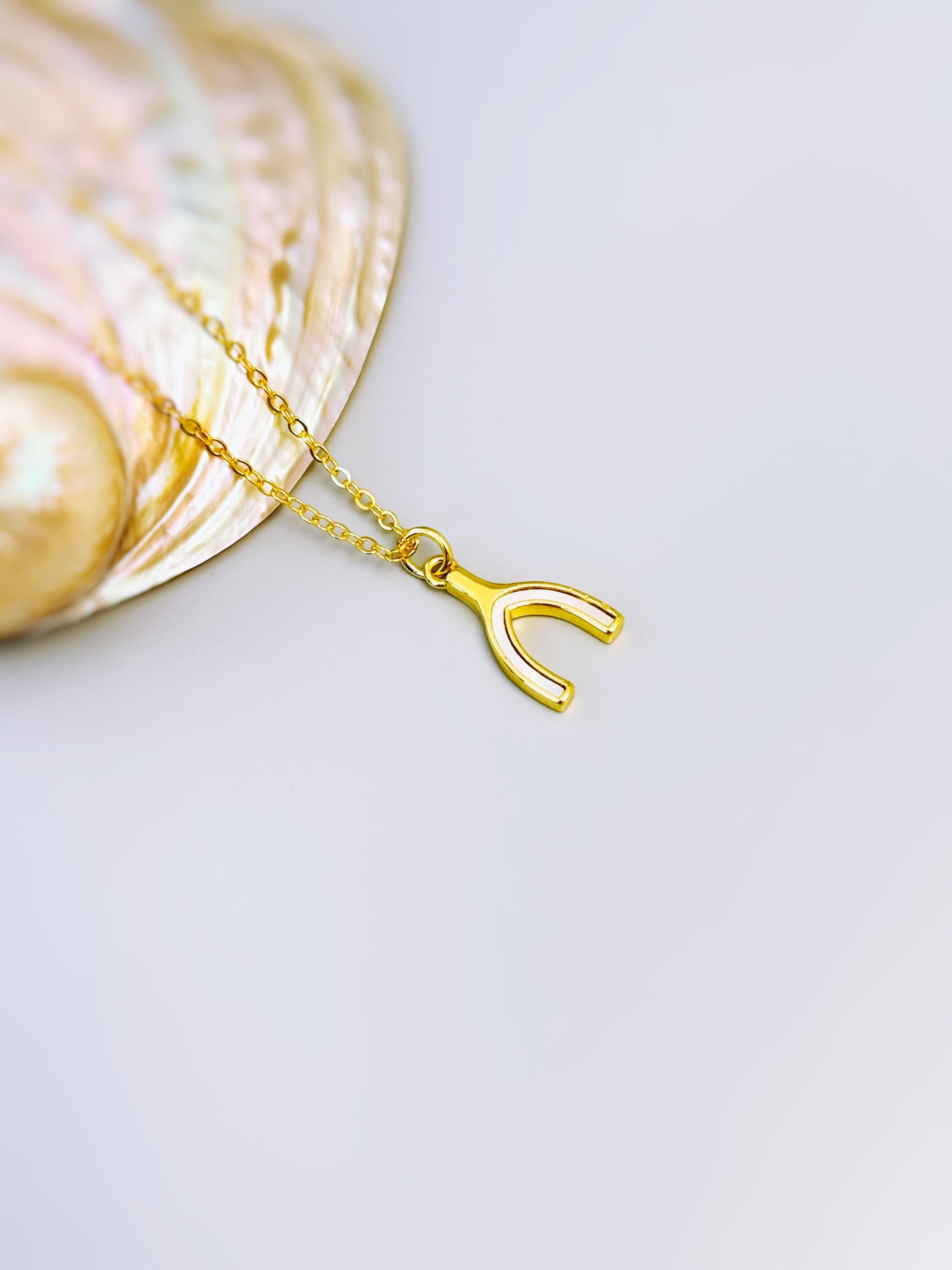 Mother of Pearl Wishbone Necklace Gold, Lucky Charm Necklace, Dainty Minimalist Jewelry, Good Luck Gift for her Layering Necklace for women