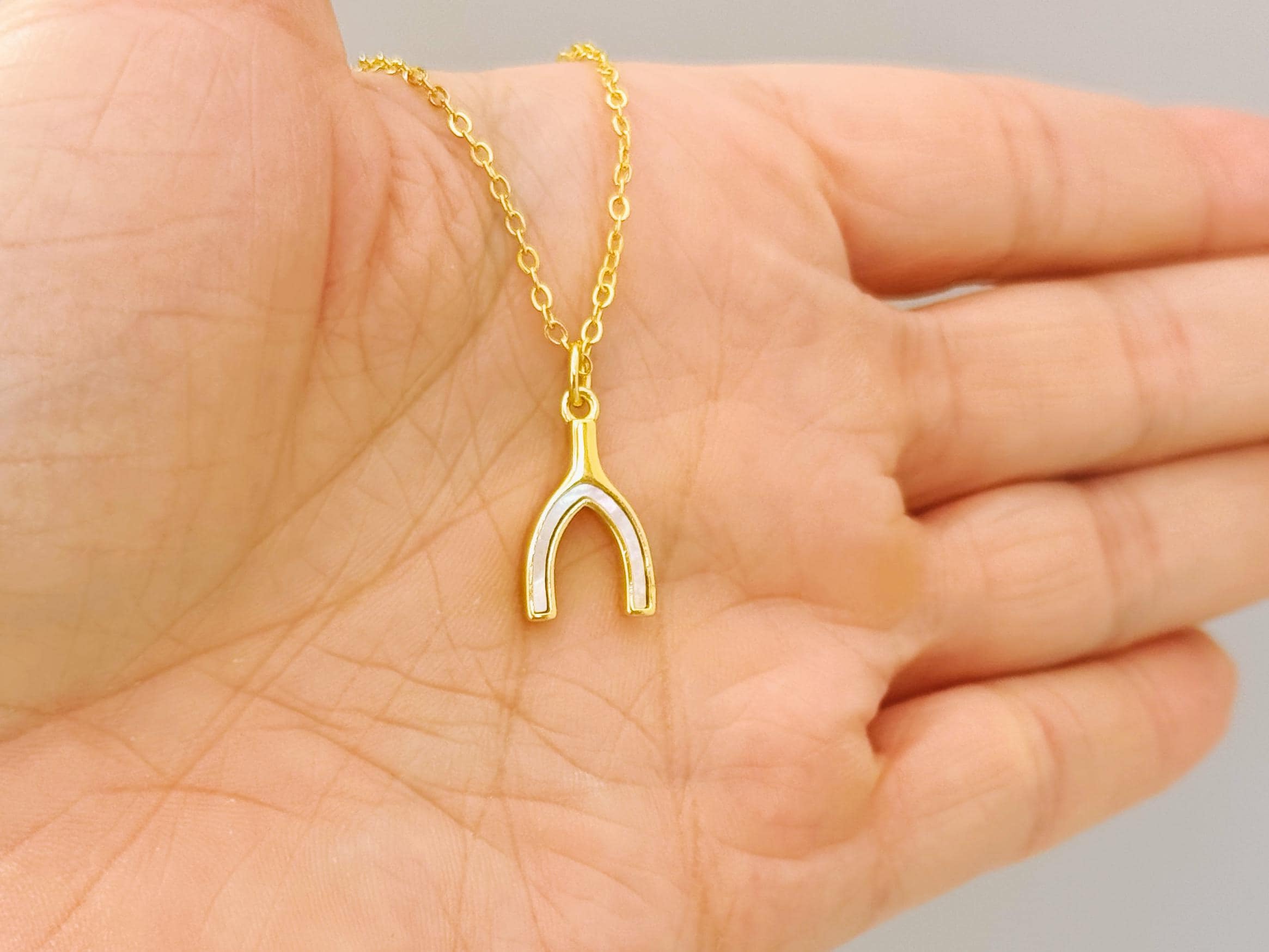 Mother of Pearl Wishbone Necklace Gold, Lucky Charm Necklace, Dainty Minimalist Jewelry, Good Luck Gift for her Layering Necklace for women