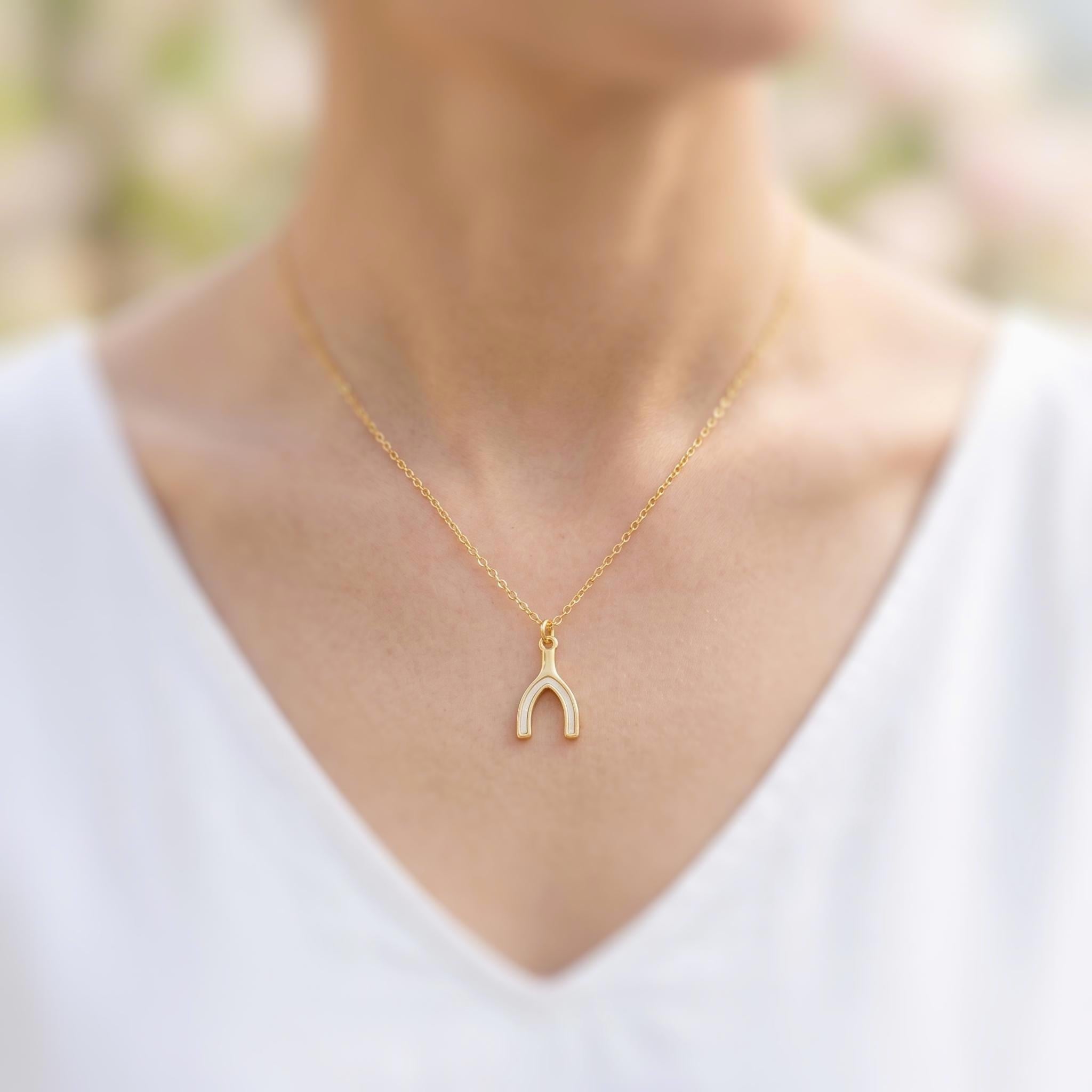 Mother of Pearl Wishbone Necklace Gold, Lucky Charm Necklace, Dainty Minimalist Jewelry, Good Luck Gift for her Layering Necklace for women