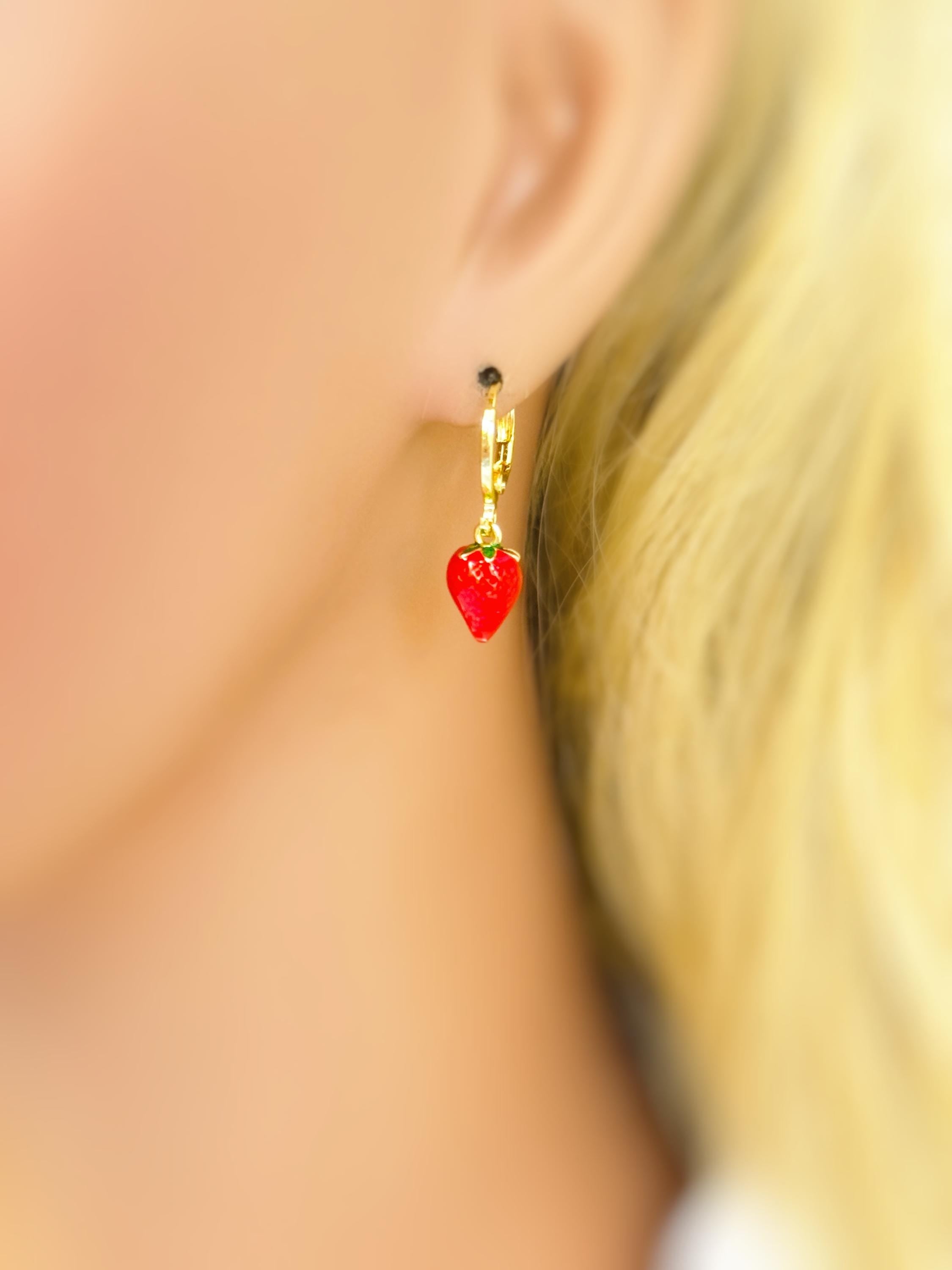 Dainty Strawberry Huggie Hoop Earrings Gold Red Charm Earrings, Cottagecore Jewelry Fruit Chef Gift, Cute Summer Earrings gift for gardener