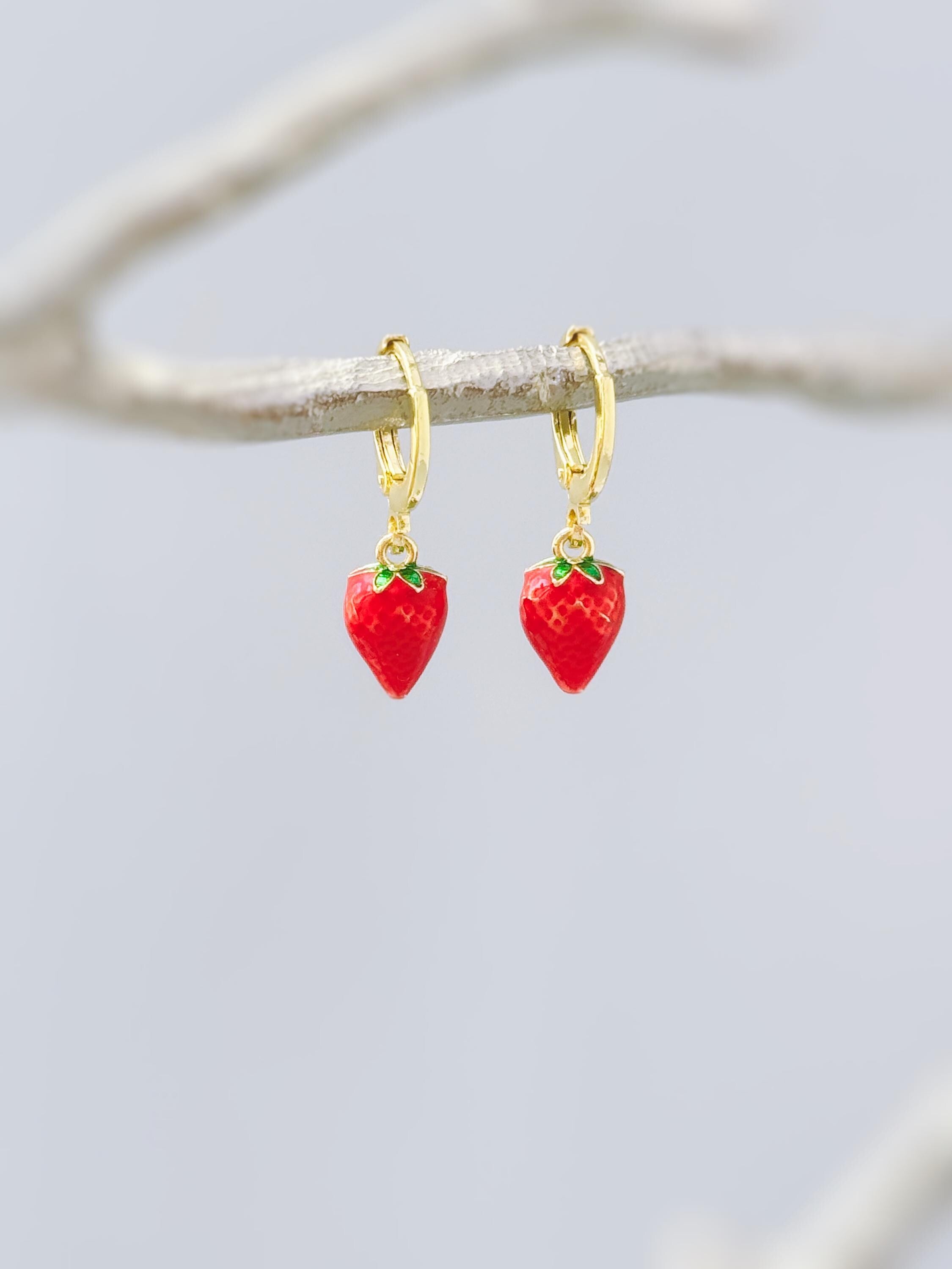 Dainty Strawberry Huggie Hoop Earrings Gold Red Charm Earrings, Cottagecore Jewelry Fruit Chef Gift, Cute Summer Earrings gift for gardener