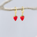 Dainty Strawberry Huggie Hoop Earrings Gold Red Charm Earrings, Cottagecore Jewelry Fruit Chef Gift, Cute Summer Earrings gift for gardener