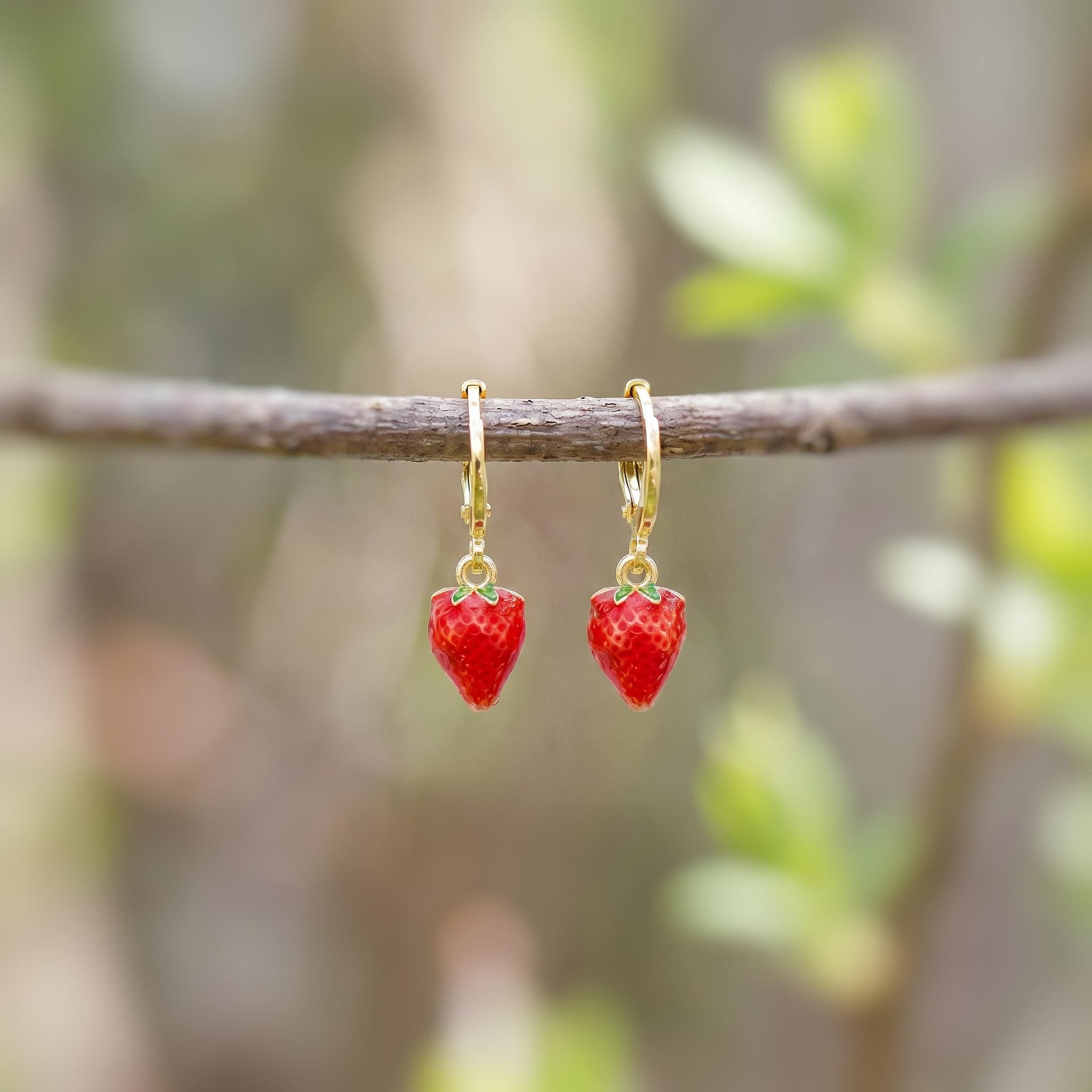 Dainty Strawberry Huggie Hoop Earrings Gold Red Charm Earrings, Cottagecore Jewelry Fruit Chef Gift, Cute Summer Earrings gift for gardener