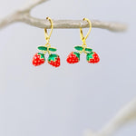Strawberry Earrings Gold Leverbacks Red Charm Earrings, Cottagecore Jewelry Fruit Chef Gift, Cute Summer Earrings gift for gardener, mom bff