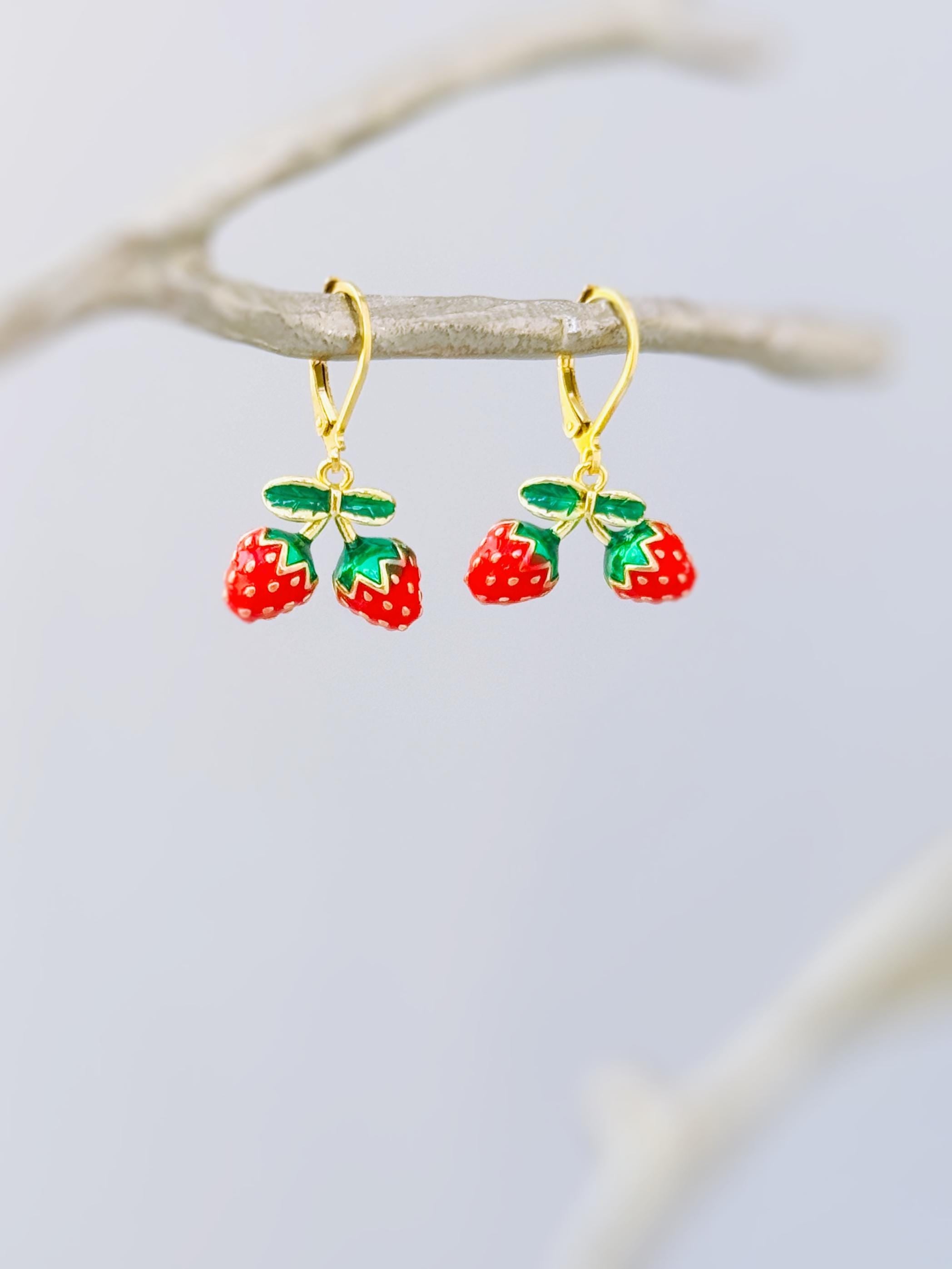 Strawberry Earrings Gold Leverbacks Red Charm Earrings, Cottagecore Jewelry Fruit Chef Gift, Cute Summer Earrings gift for gardener, mom bff