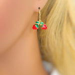 Strawberry Earrings Gold Leverbacks Red Charm Earrings, Cottagecore Jewelry Fruit Chef Gift, Cute Summer Earrings gift for gardener, mom bff