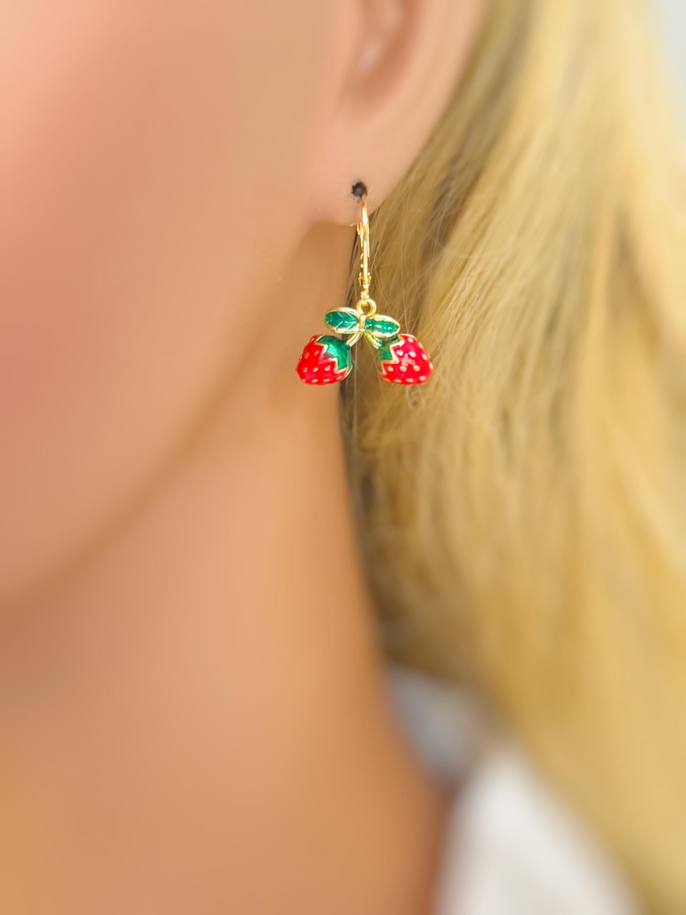 Strawberry Earrings Gold Leverbacks Red Charm Earrings, Cottagecore Jewelry Fruit Chef Gift, Cute Summer Earrings gift for gardener, mom bff