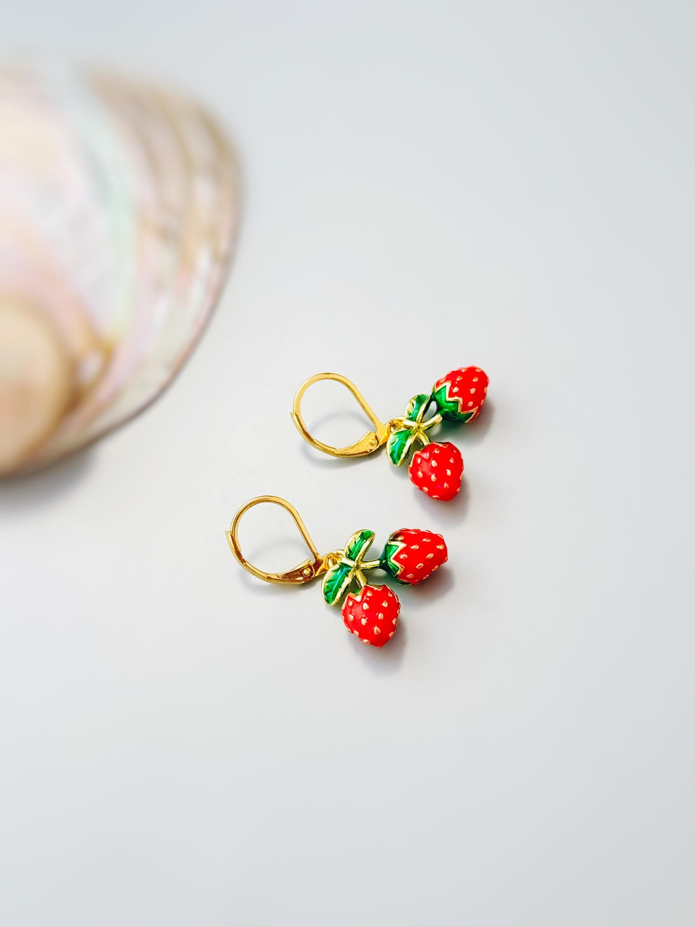 Strawberry Earrings Gold Leverbacks Red Charm Earrings, Cottagecore Jewelry Fruit Chef Gift, Cute Summer Earrings gift for gardener, mom bff
