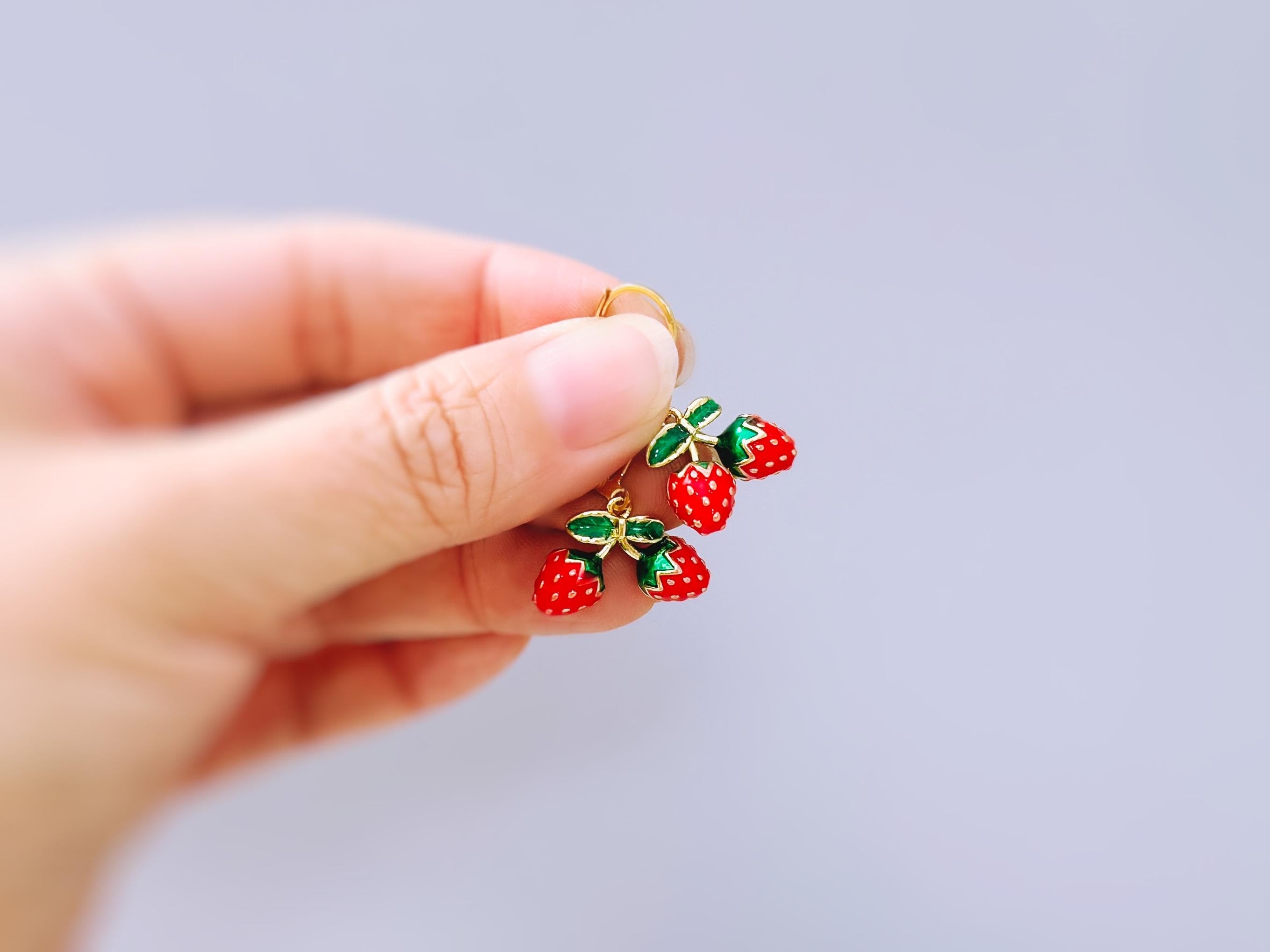 Strawberry Earrings Gold Leverbacks Red Charm Earrings, Cottagecore Jewelry Fruit Chef Gift, Cute Summer Earrings gift for gardener, mom bff